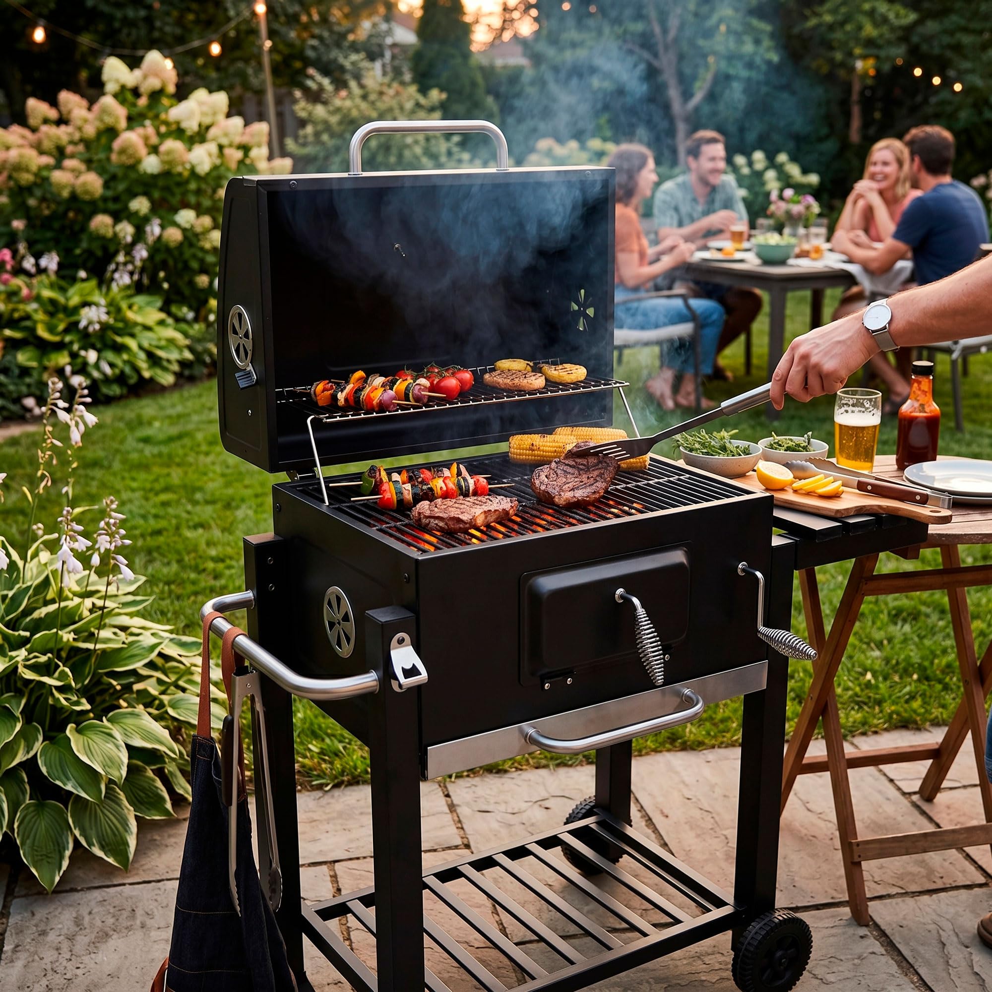 Grill na węgiel drzewny, grill na kółkach, z pokrywką, termometr, ruszt na węgiel drzewny, z półkami, otwieraczem do butelek, kółkami, na kemping SPRINGOS