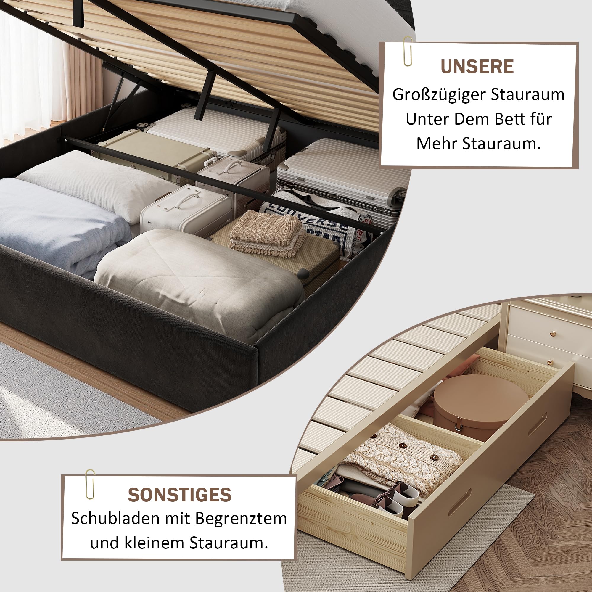 Feonase Bett 140x200 mit Stauraum Kopfteil & Hydraulischem Stauraum, Polsterbett 140x200cm Doppelbett mit Velous Kopfteil, Bettgestell mit Lattenrost, Ohne Matratze, Dunkelgrau
