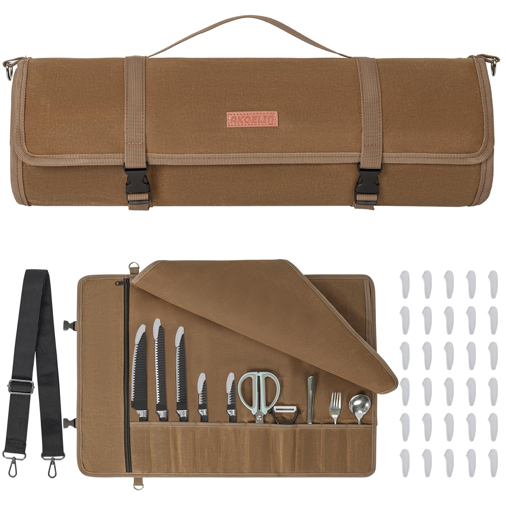 AKOZLIN Chefs Knife Roll Bag 11 Slots, Waxed Canvas Knife Case with 30 Tip Protectors & Shoulder Strap, Water-Resistant Tool Roll for Kitchen, BBQ, Camping & Travel, Brown