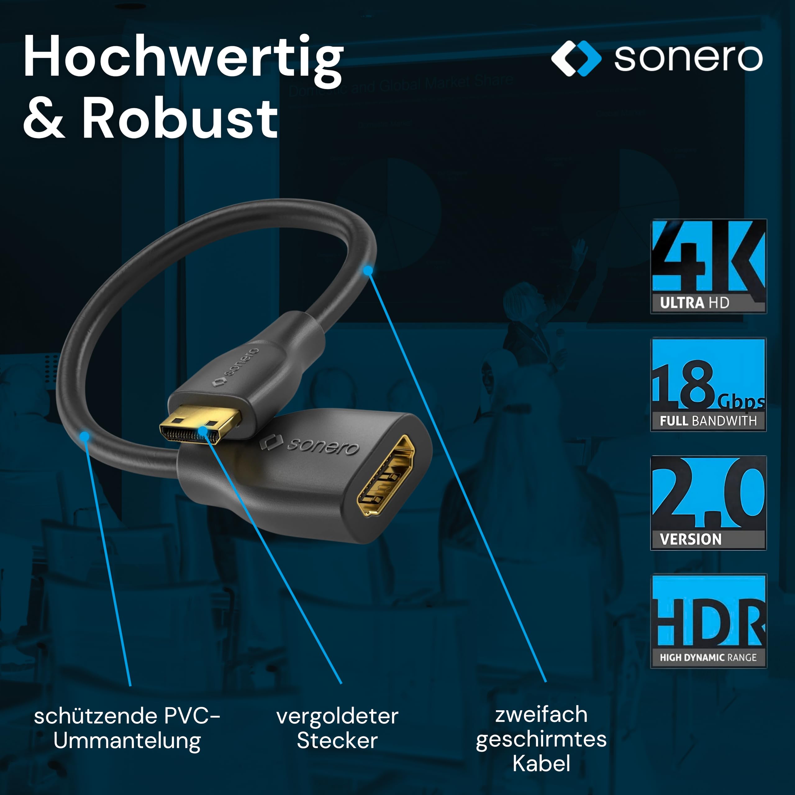 Sonero® Adattatore salvaporta Sonero® da Mini HDMI a 4K HDMI, Premium High Speed, connettore Mini HDMI C a presa HDMI A, contatti dorati, doppia schermatura, guaina in PVC, 0,15 m