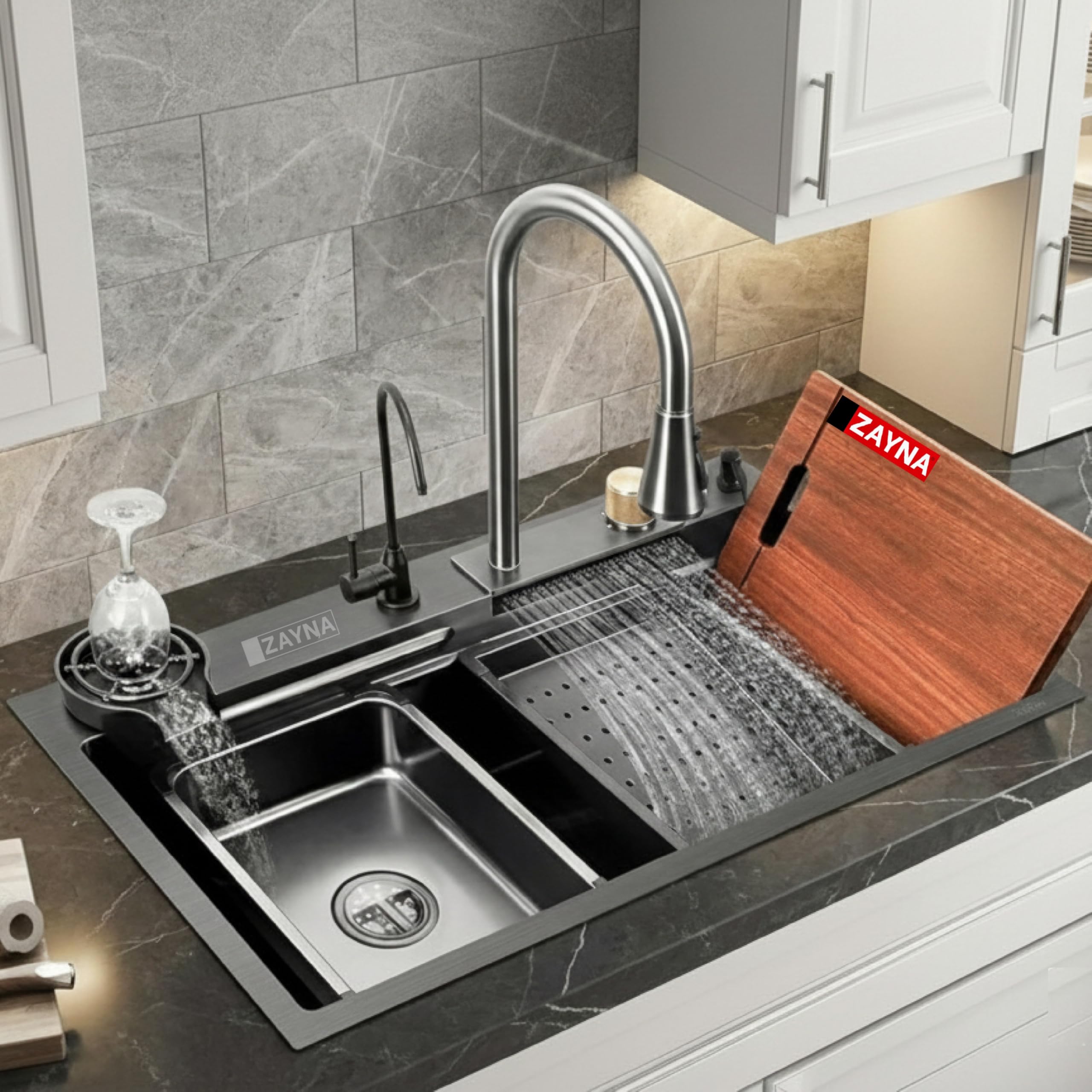 ZAYNA Waterfall Kitchen Sink | 30x18x9 | Honeycomb Embossed | Stainless Steel | 304 | Pull-Out faucet, RO Tap, Glass Washer, Soap Dispenser, 2 Drain Basket, Chopping Board & Coupling Set-image-4