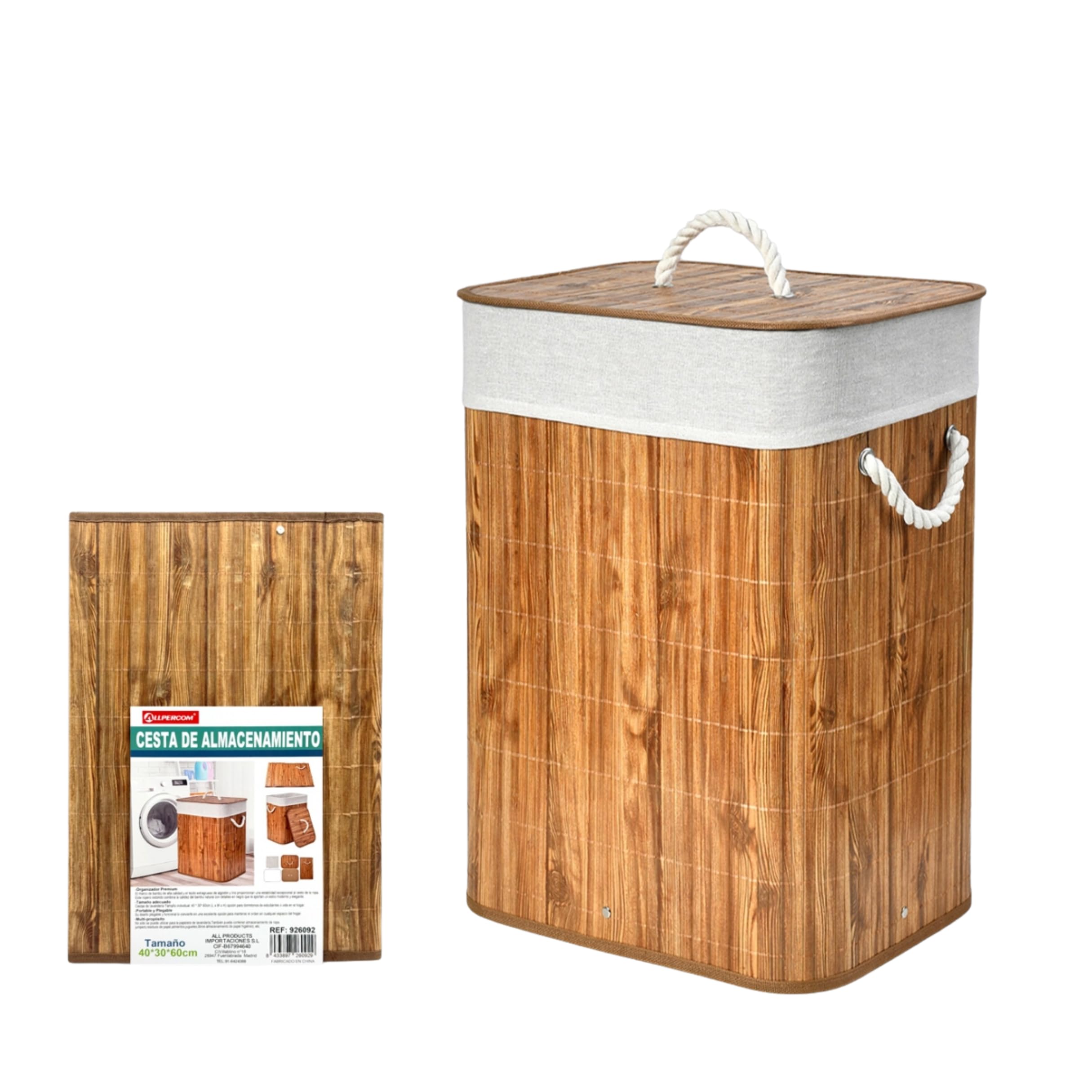 Weida Cesto de la Ropa Sucia de Bambú | Rectangular con Tapa y Asas Plegable | Bolsa Extraíble y Lavable |Moderno, para baño o Dormitorio | Marrón Madera (60cm-40cm-30cm Rectangular)