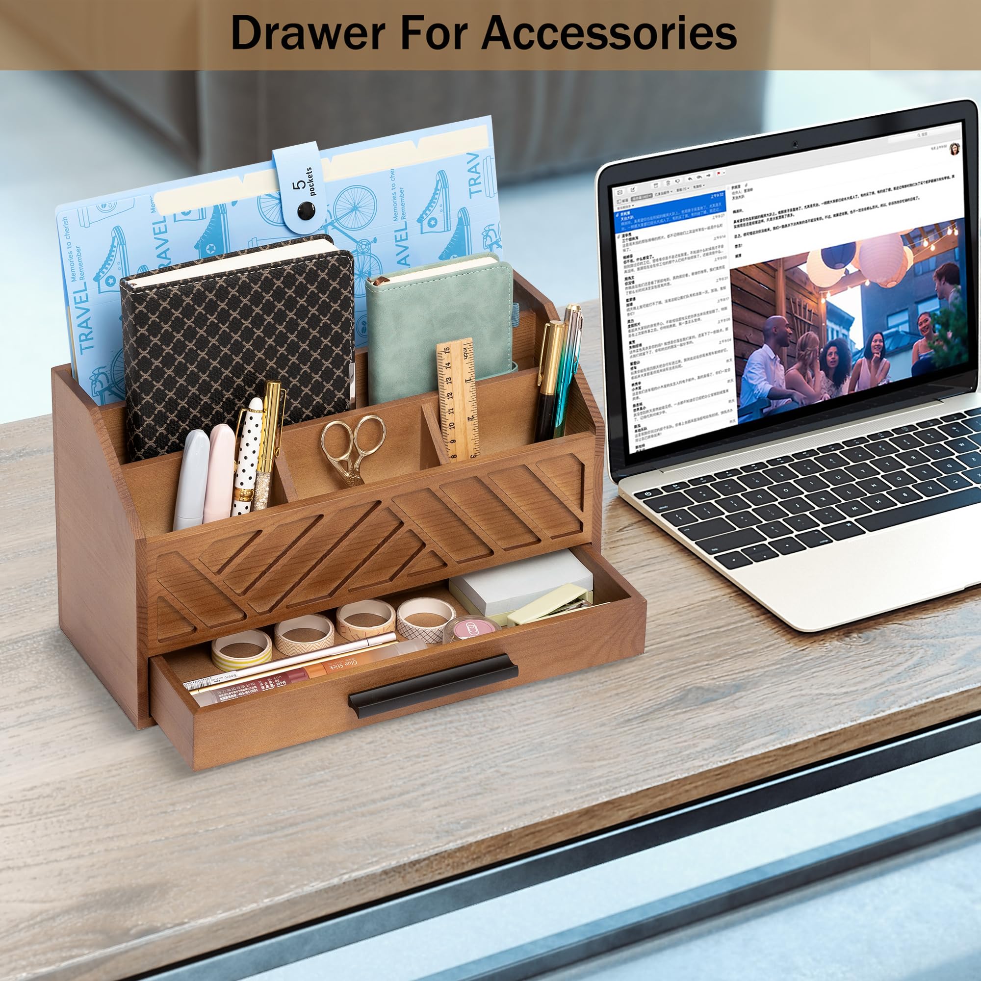 dreampossible Organizer da scrivania in legno marrone e accessori con cassetto, organizer per banconote e porta posta per ufficio, accessori da scrivania moderni e organizer per spazi di lavoro per