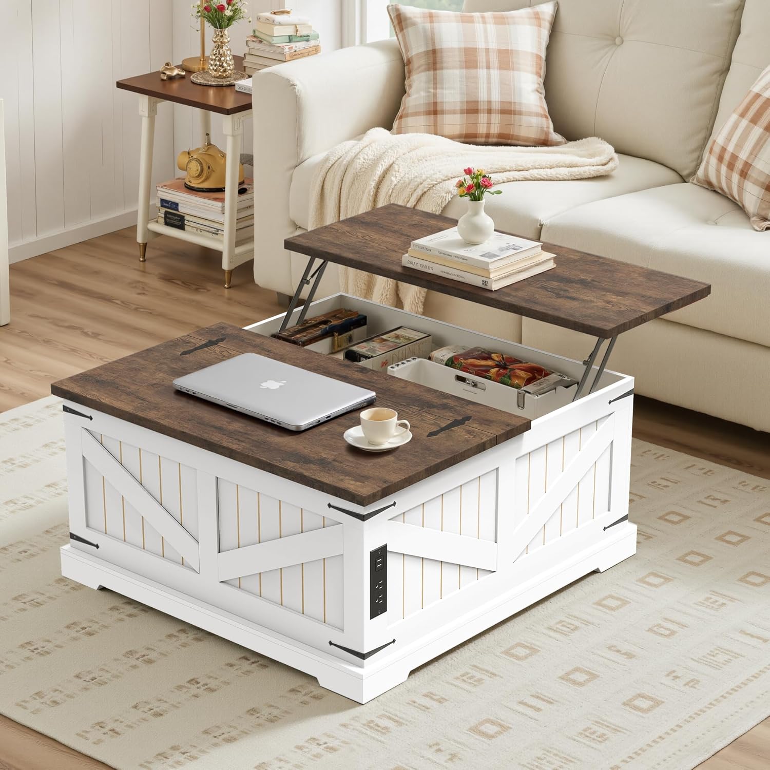 36" Lift Top Coffee Table with Storage and Charging Station, Farmhouse Square Coffee Table with Hidden Compartment, Adjustable Laptop Desk for Living Room, USB Ports and Outlets