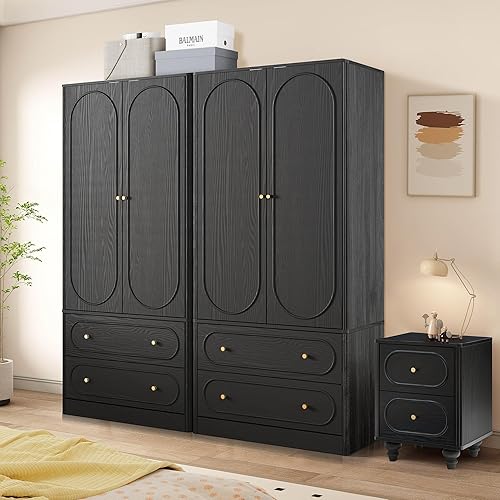 Miniatura 11 de ORRD Armario independiente acanalado con 2 puertas y 2 cajones de almacenamiento, armario de gran capacidad, armario de madera para dormitorio, sala