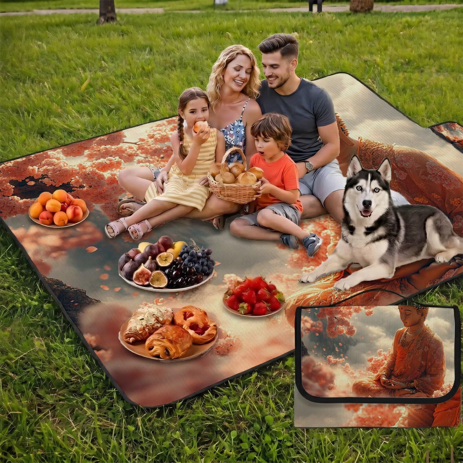 Couverture de Pique-Nique Grande 200x300cm,Outdoor Couverture Imperméable,Pliable Tapis de Plage Dos en PVC Anti-Sable,Picnic Blanket pour Camping Accessoires,Jardin,Parc - Bouddha,Fleur UZ-741