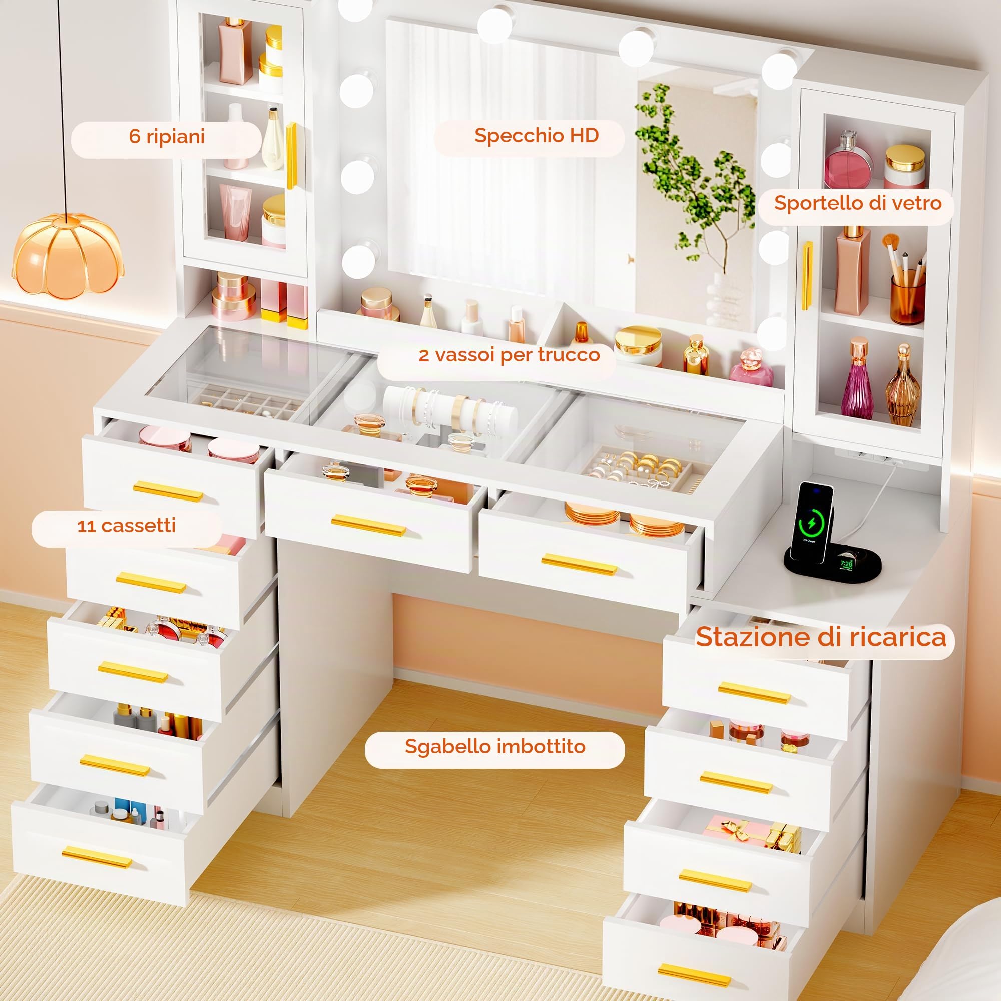 ANWBROAD 135cm Toeletta da Trucco con Piano in Vetro e Specchio e Luci LED | Grande Tavolo da Trucco con Grande Prese, Postazione Trucco con 11 Cassetti, 6 Ripiani, 2 Vassoi Moderna Bianca per Donna