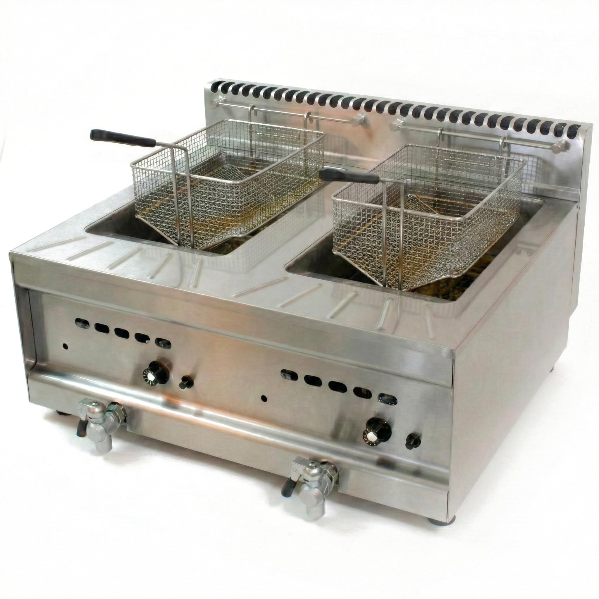 MBH - Freidora a gas profesional 20 litros 2 cubas con grifo de vaciado para hostelería. Freidora doble de sobremesa industrial para cocina de restaurante.