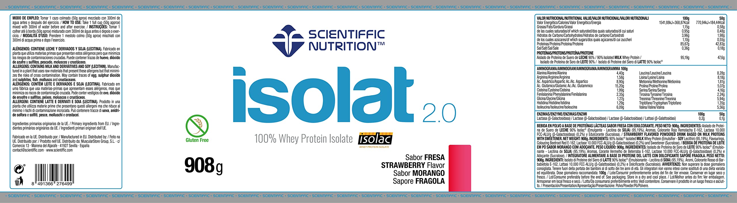 Scientiffic Nutrition - Isolat 2.0, Whey Protein, Suplemento de Proteina Aislada ISO con Lactasa, Proteina de Suero de Leche en Polvo - 908g, Fresa.