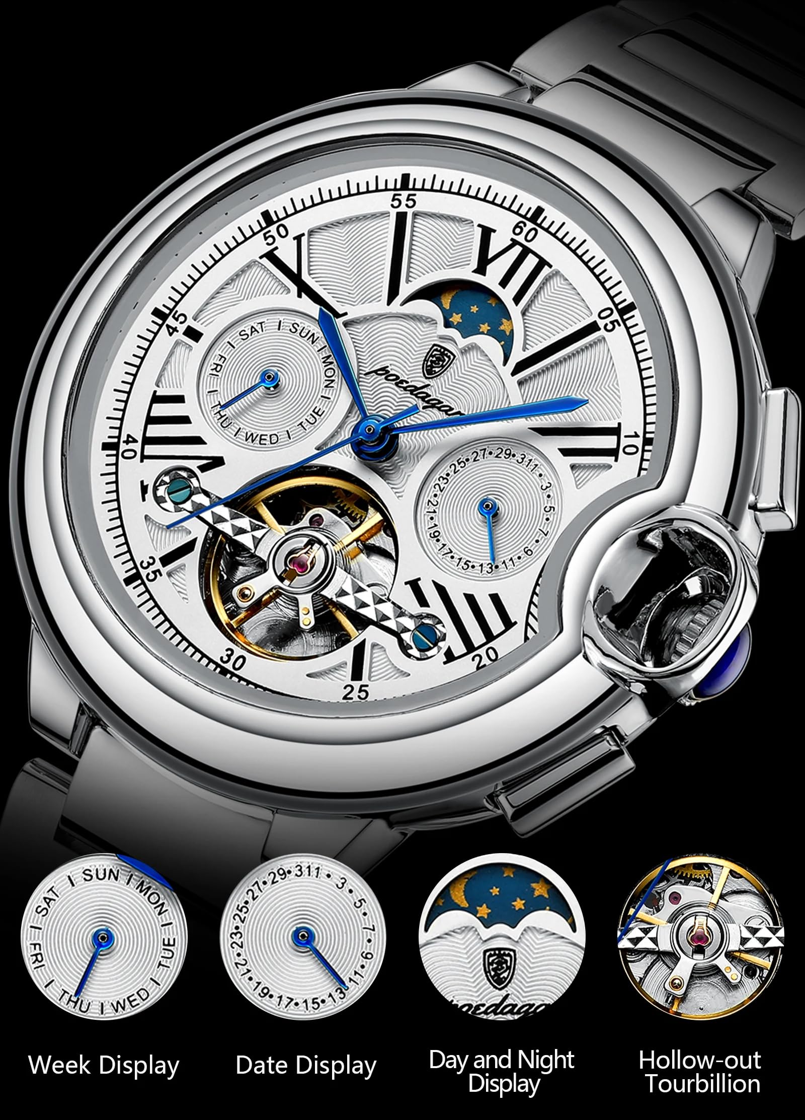 Poedagar Modische automatische mechanische Herrenuhr Datum Woche wasserdichte Herrenuhr Tourbillon Edelstahlband Lederband Business Herrenuhren