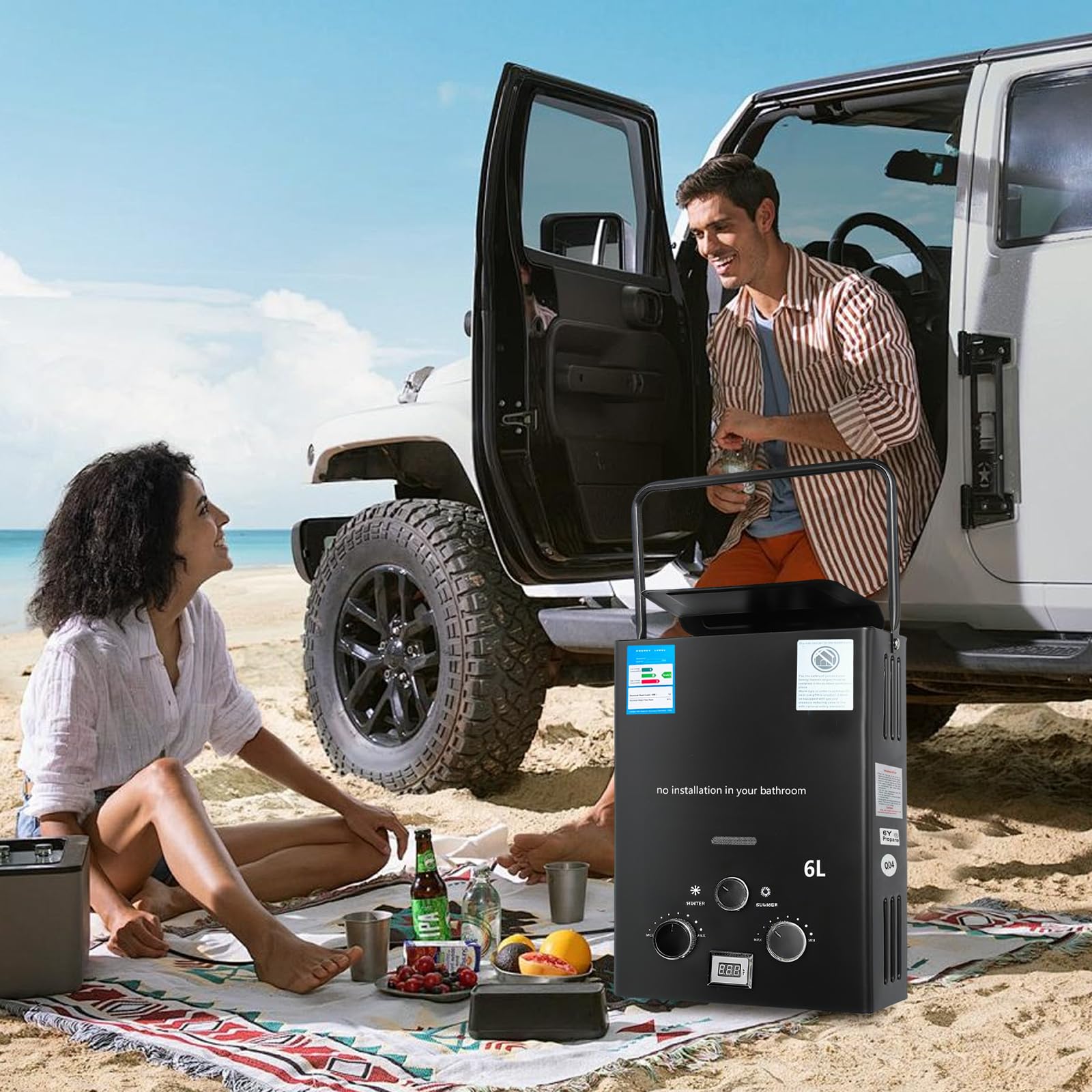 Chauffe-Eau Gaz Instantané Portable 6L, Chauffe Eau Camping Car avec Écran Numérique, 12KW Charge Thermique, Allumage Automatique à Pile, Pour Camping & Extérieur (noir)