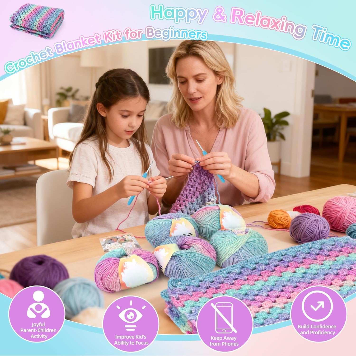 Aeelike Blanket Crochet Kit for Beginners, Super Easy Crochet Blanket Kit with Soft & Colorful Gradient Yarns Detailed Video Tutorials Crocheting Accessories, Aurora Purple Gradient & Ideal Gift