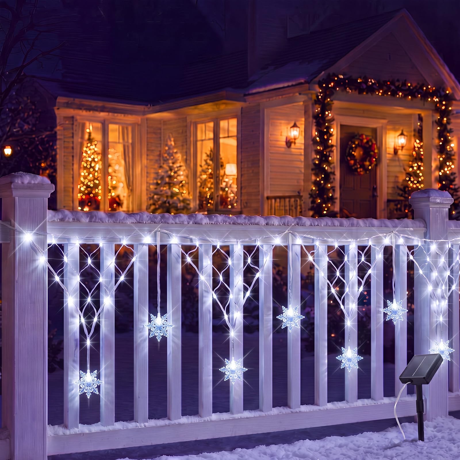 Lewtemi 2 Stück 4 m Schneeflockennetz Weihnachten Outdoor Zaun Lichter Kaltweiß Solar Vorhang Lichter mit 8 Beleuchtungsmodi, wasserdichte Weihnachtszaun Dekorationen für Hof, Terrasse, Traufe Garten