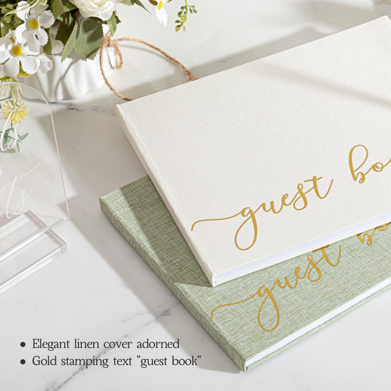 Engrowtic Hochzeitsgästebuch Set Elegant Leinen Foto Empfang Gästebuch 100 Seiten mit 2 Acryl Hochzeitsschilder 5 Blatt Fotoecken Aufkleber 1 Set Silber Stift für Braut Baby Shower (Salbeigrün)