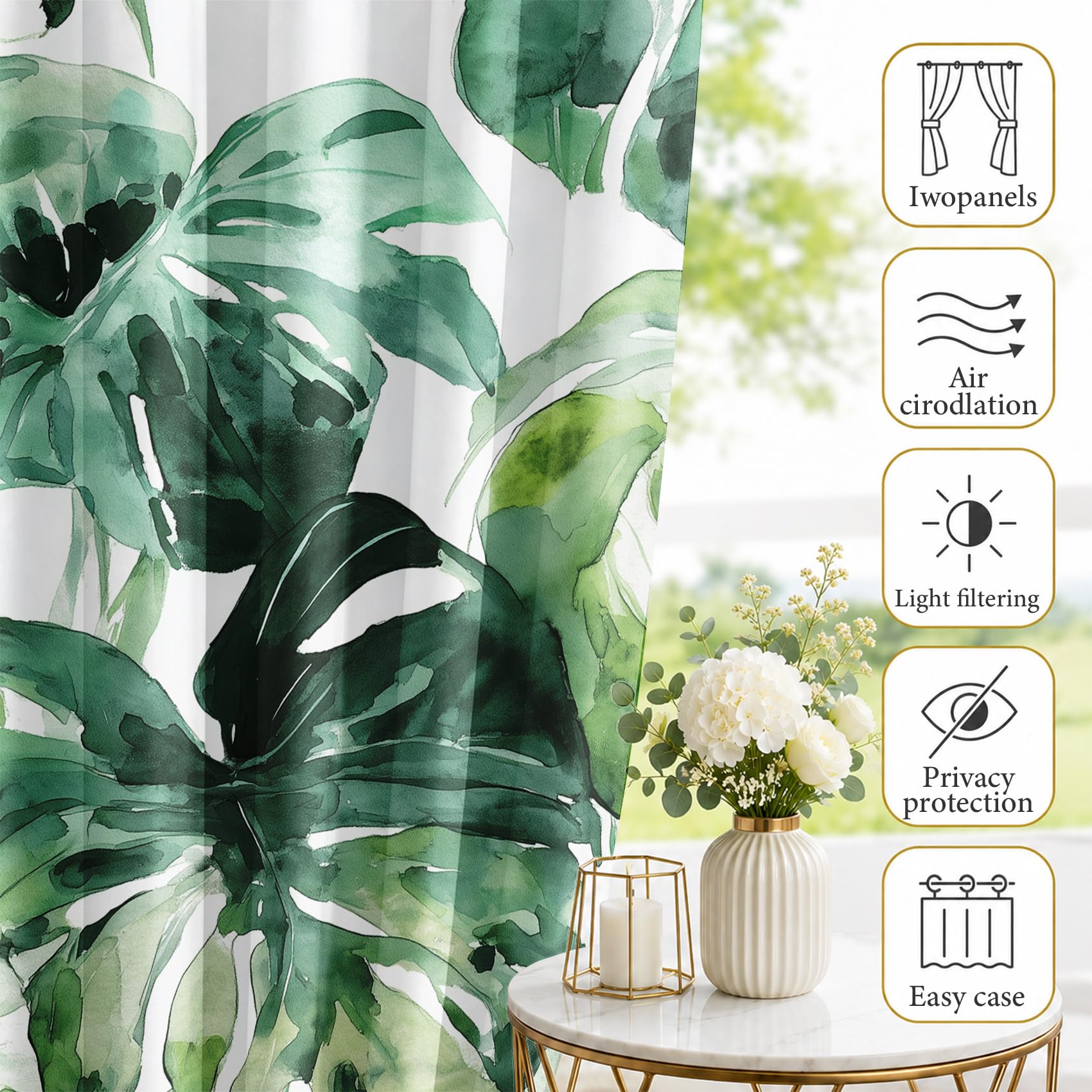 Generisch Grüne Monstera-Blätter Vorhäng Aquarell Pflanzen Gardinen mit Ösen, Thermo Vorhänge Blickdicht Gardinen für Schlafzimmer Wohnzimmer 2er Set, H 137 x B 117 cm