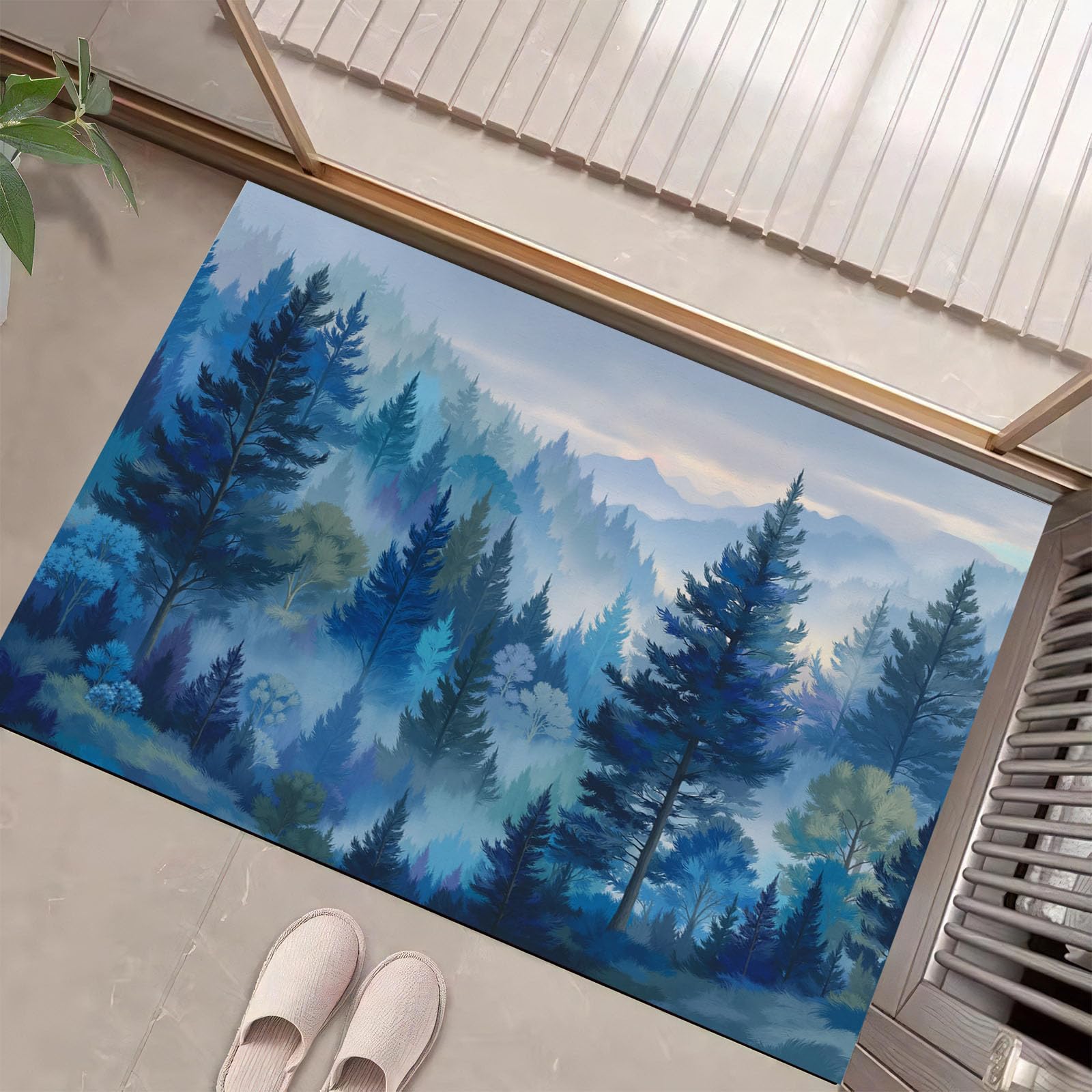 Paillasson bleu forêt brumeuse avec semelle de sécurité lavable pour porte