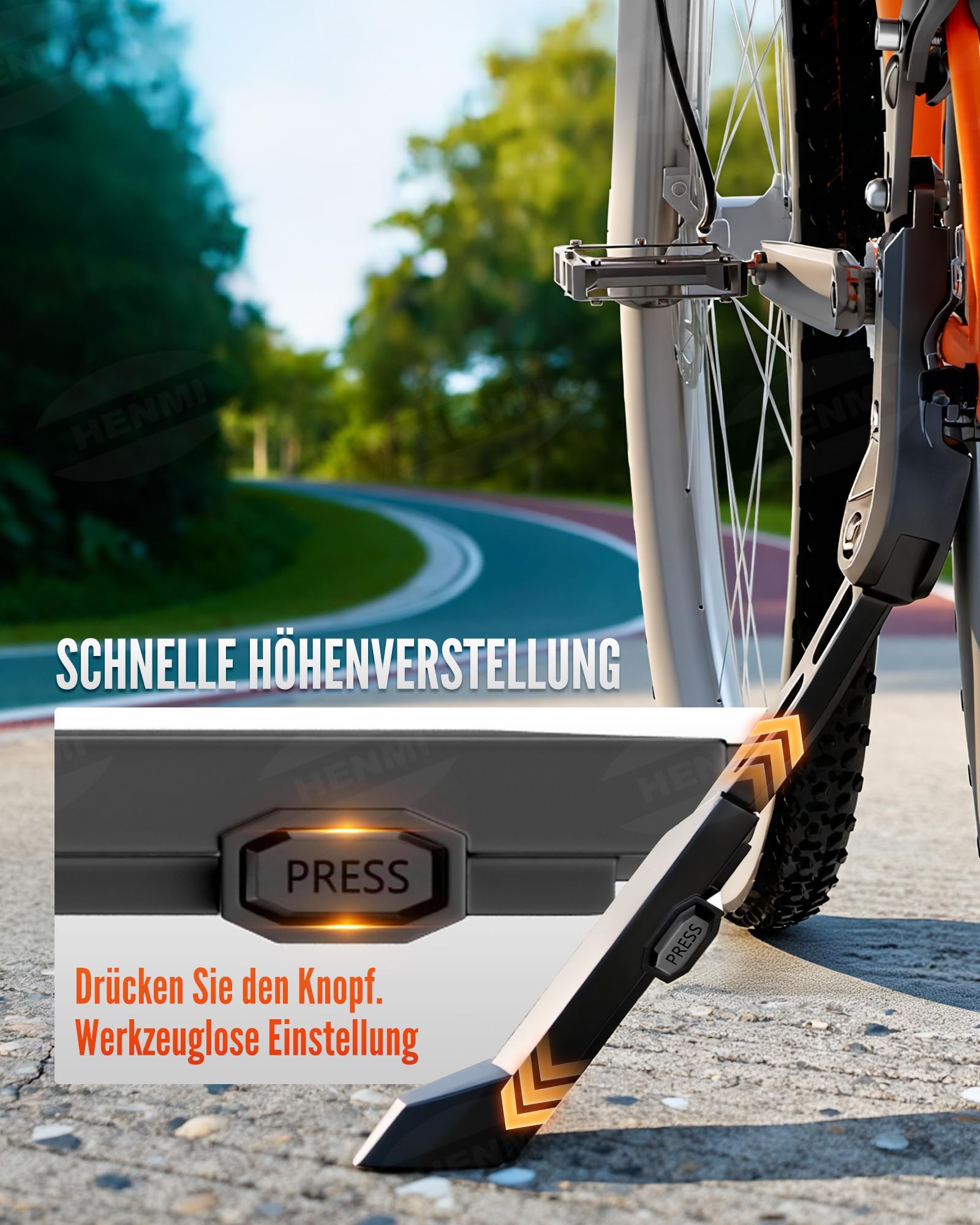 HENMI Fahrradständer 24-29 Zoll Pro+ für Runde Rahmen, Höhenverstellbarer Fahrrad ständer aus Aluminium, Extra Stabil Seitenständer für Mountainbike e Bike Rennrad City Trekking