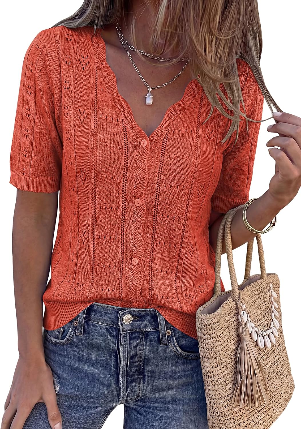 PRETTYGARDEN Womens Short Sleeve Crochet Knit Sweater Spring Fashion 2026 Button Down Lightweight Cardigans Summer Tops