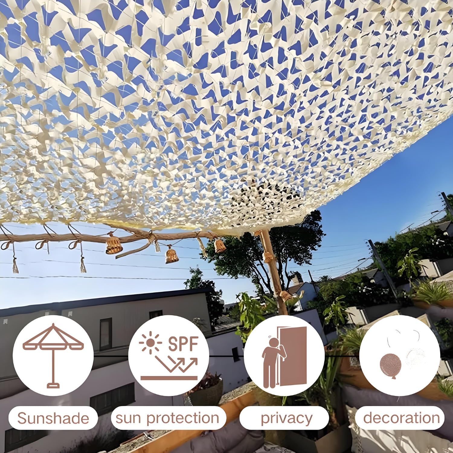 Generisch Tarnnetz Beige, Sonnensegel Camping, Sonnenschutz Terrasse, Auto Markise, Jagd Sonnenschutznetz, Militärisches Dekoratives Tarnnetz, Terrassenschatten, Verstärkte(5x5 M)