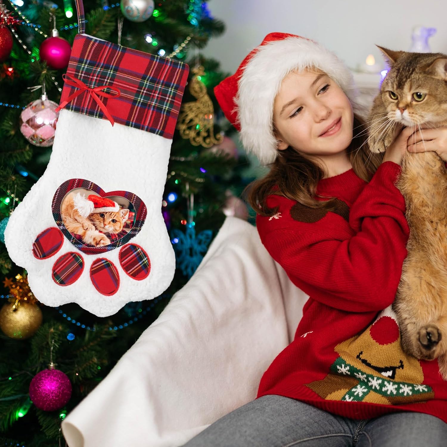 Demissle 2 Pcs Cat Dog Paw Christmas Stockings with Photo Frame 18 Inches Burlap Pet Christmas Stockings with Family Picture Frame Xmas Tree Hanging Ornaments for Holiday Xmas Party Decorations