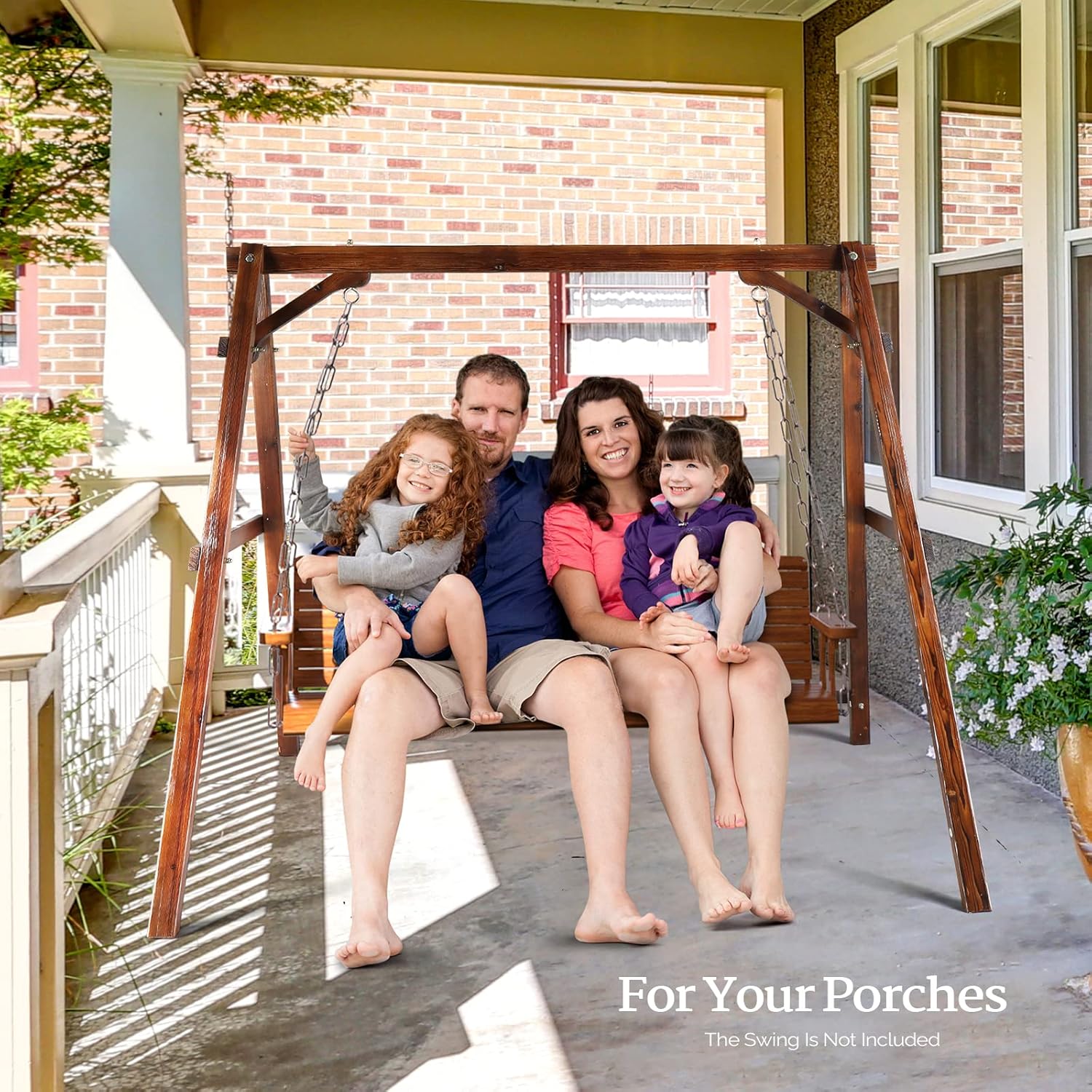 VINGLI 6.2FT Porch Swing Frame, 660 LBS Heavy Duty A-Frame Wooden Porch Swing Stand with Bottom Connection Bar for 5FT Porch Swing, Upgraded Wood Swing Hanger for Garden Patio (Rustic, 6.2FT)