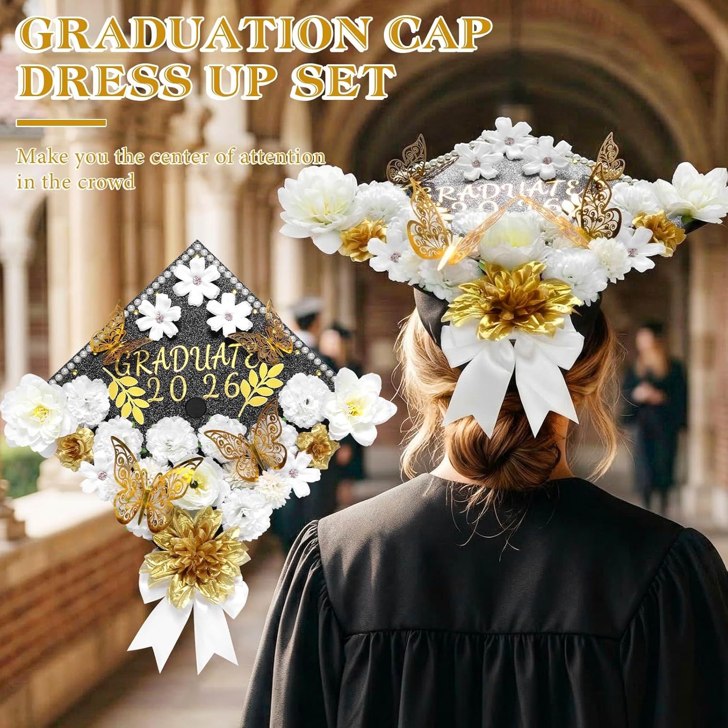 Harsever 48Pcs Graduation Cap Decorations DIY Kit,Grad Cap Decorations Decor with Faux Flower 3D Butterfly Rhinestones Alphabet Letter Stickers for DIY Graduation Party Supplies (White)
