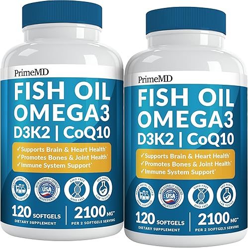 Suplementos de aceite de pescado 5 en 1 Omega 3 (2100 mg)  Aceite de pescado con vitaminas D3 y K2 y CoQ10  Suplemento EPA DHA Omega 3  Suplementos