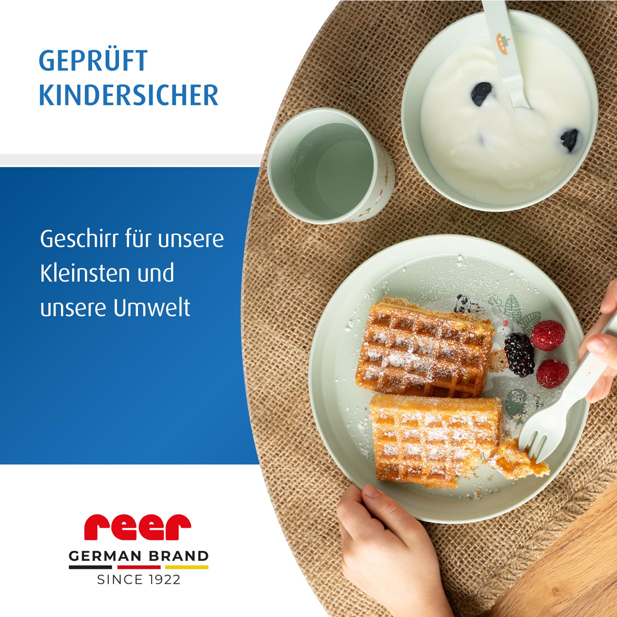 reer Kindergeschirr Set | Motiv: Little Explorer | Biokunststoff-Geschirr für Kleinkinder aus 100% ISCC-zertifiziertem Material | 5-teilig | BPA-frei | spülmaschinengeeignet