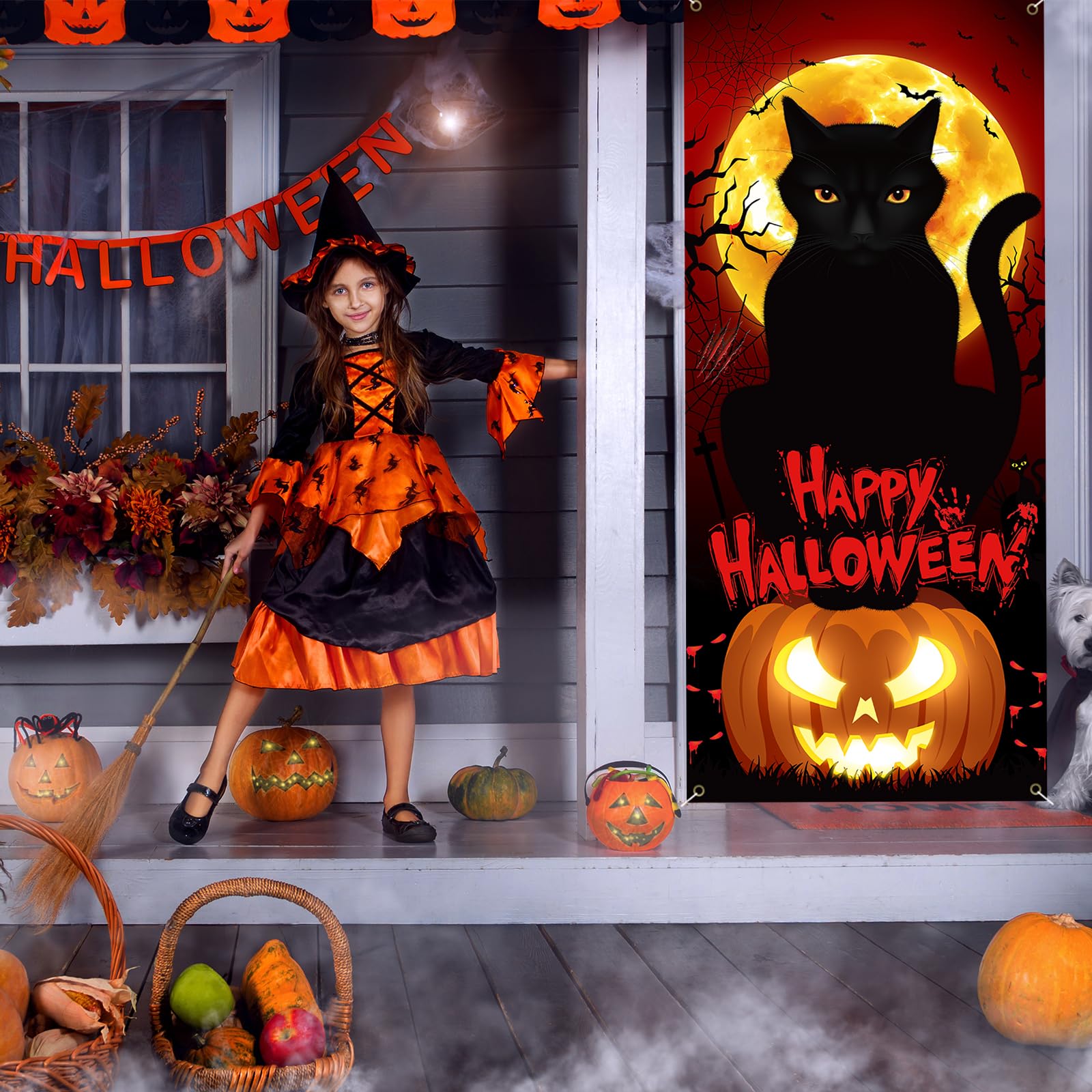 Arosche Large Halloween Door Cover – 6x2.9 Ft Scary Black Cat & Bats Backdrop, Indoor/Outdoor Decor