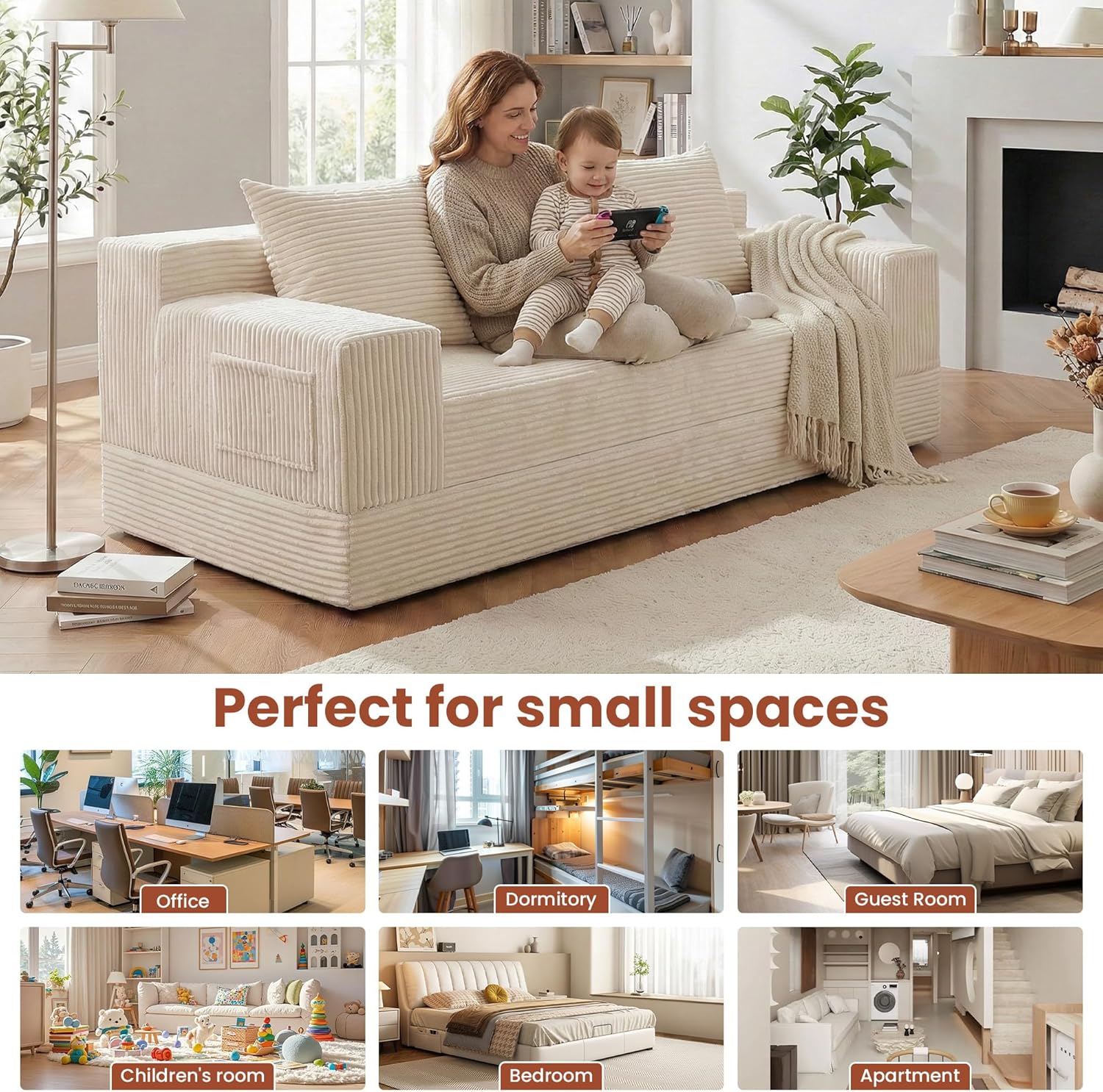 Boneless Couch 78 Inch, 2 in 1 Convertible Sofa Bed Corduroy 3 Seater Fold Out Couch Oversize Boneless Loveseat Sleeper Sofa with 3 Pillows for Living Room, Bedroom & Apartment - Image 5