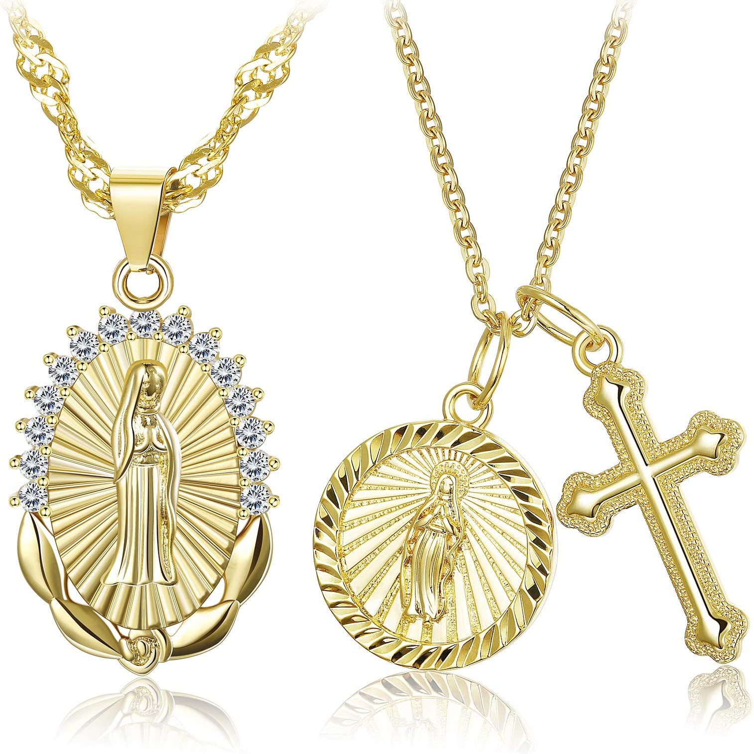 HANPABUM 2Pcs Gold Plated Virgin Mary Cross Pendant Necklace for Women CZ Vintage Catholic Religious Christian Jewelry Set