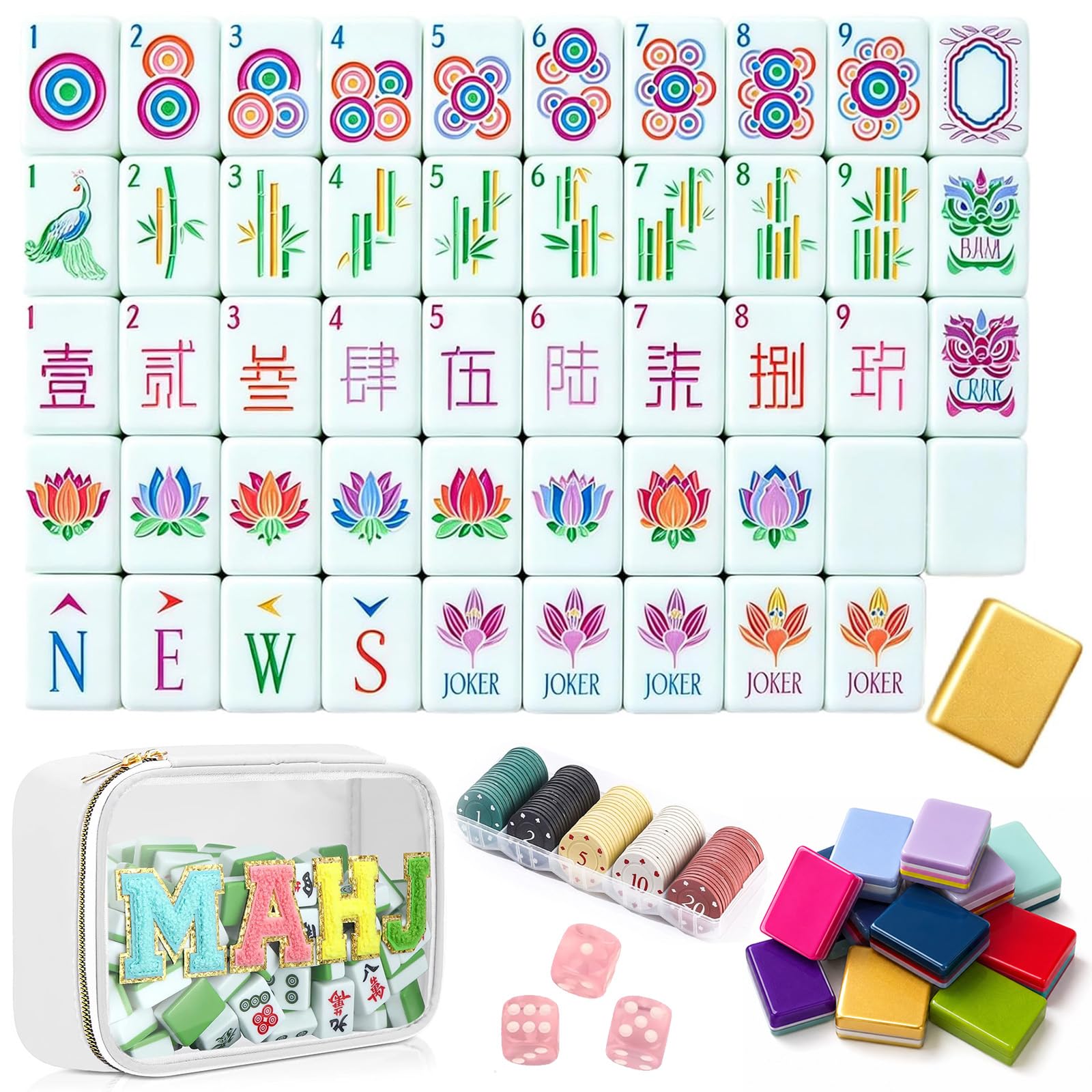 4 Layer Mahjong Tiles, 160 PCS Premium Acrylic Mahjong Tile Set with Clear Engraved Layered Tiles, American Mahjong Set with Dice & Carrying Bag, forTravel Game Nights Family Gatherings (set-9)