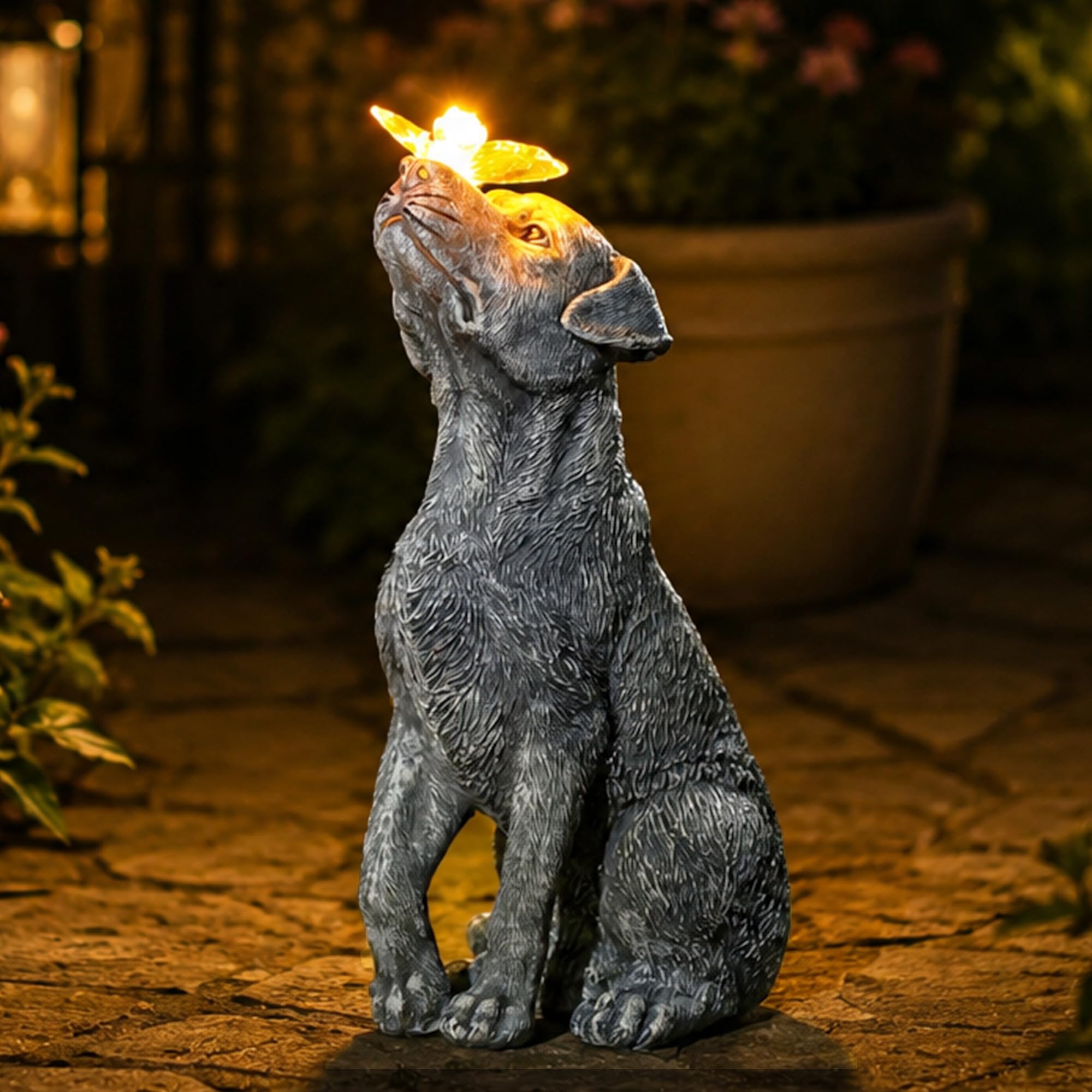 Garden Statue Dog Figurine Decor with Solar Butterfly Outdoor Decoration
