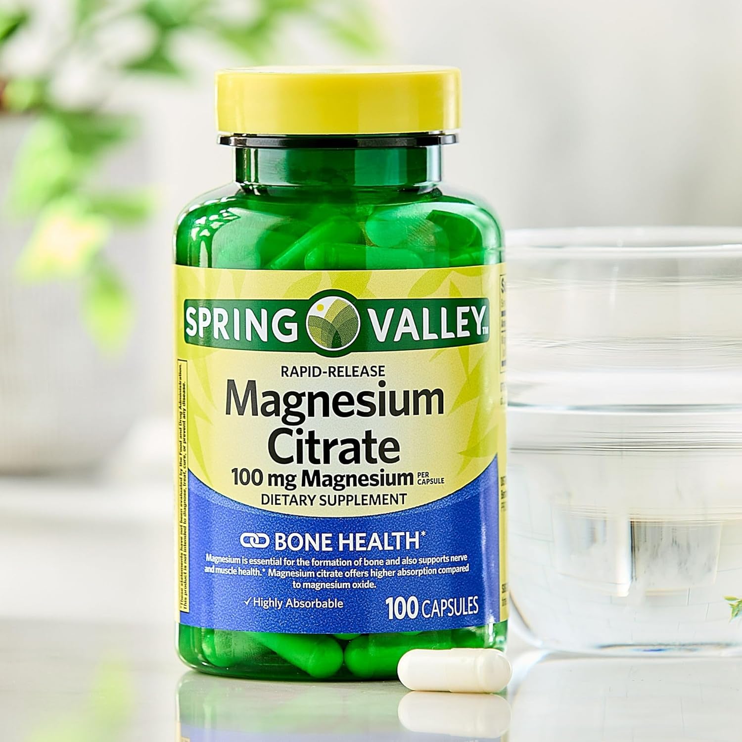 Spring Valley Magnesium Citrate | Citrato de Magnesio 100mg Capsules | Best Magnesium Supplement for Women | Magnesium Pill | 100 mg, 100 Capsules - Set by Basket Goods