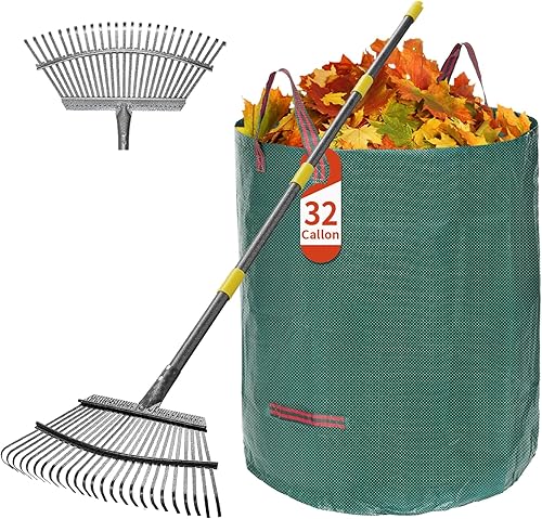 Juego de rastrillo de hojas de jardín con 25 dientes, rastrillo de metal resistente para hojas (ajustable de 73 pulgadas de largo, 18 pulgadas de