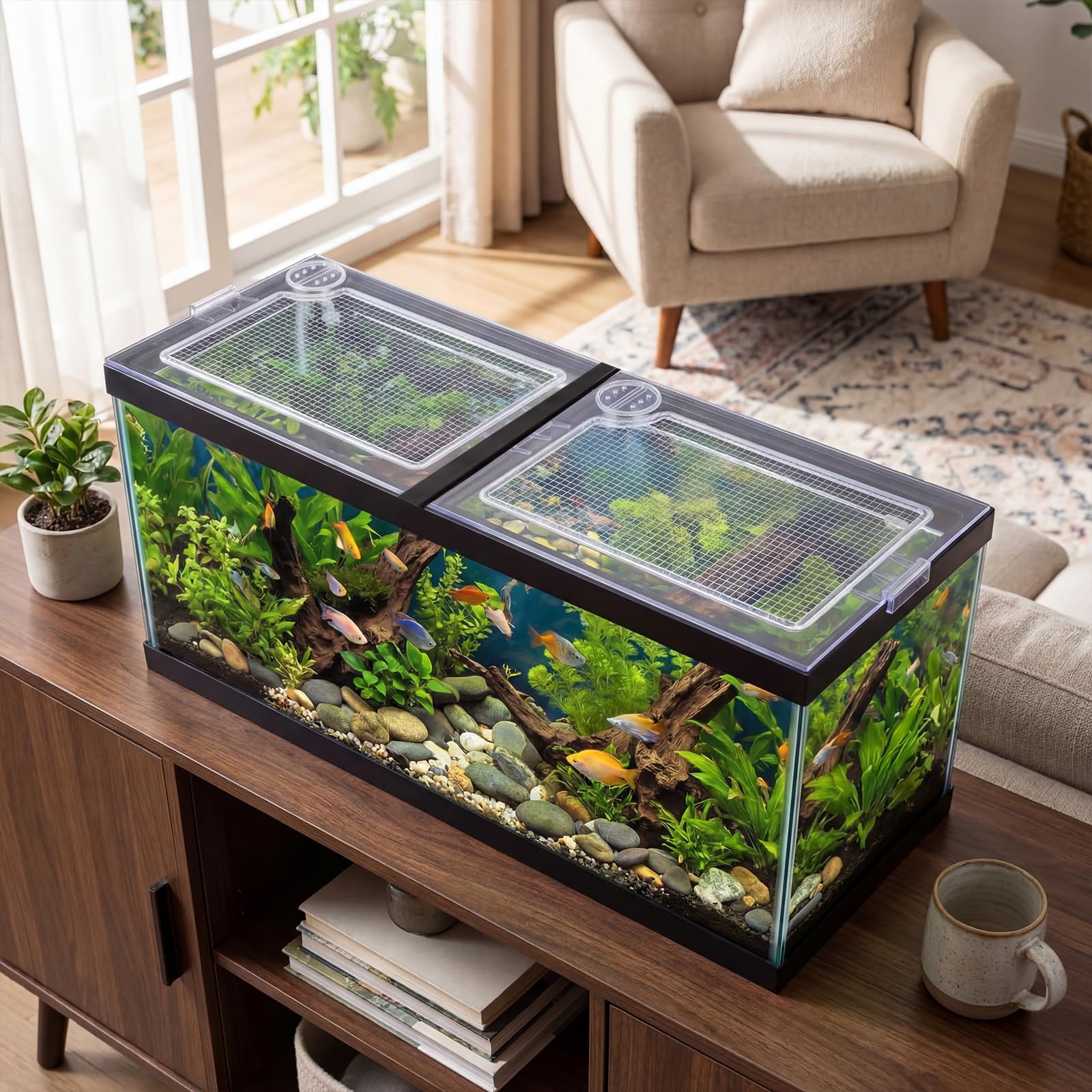 Sieral Lot de 2 auvents transparents pour aquarium et réseau intégré avec 30 clips supérieurs en polycarbonate 57 x 28 x 0,5 cm pour couvercles d'aquarium de 200/290/380 gallons avec support central