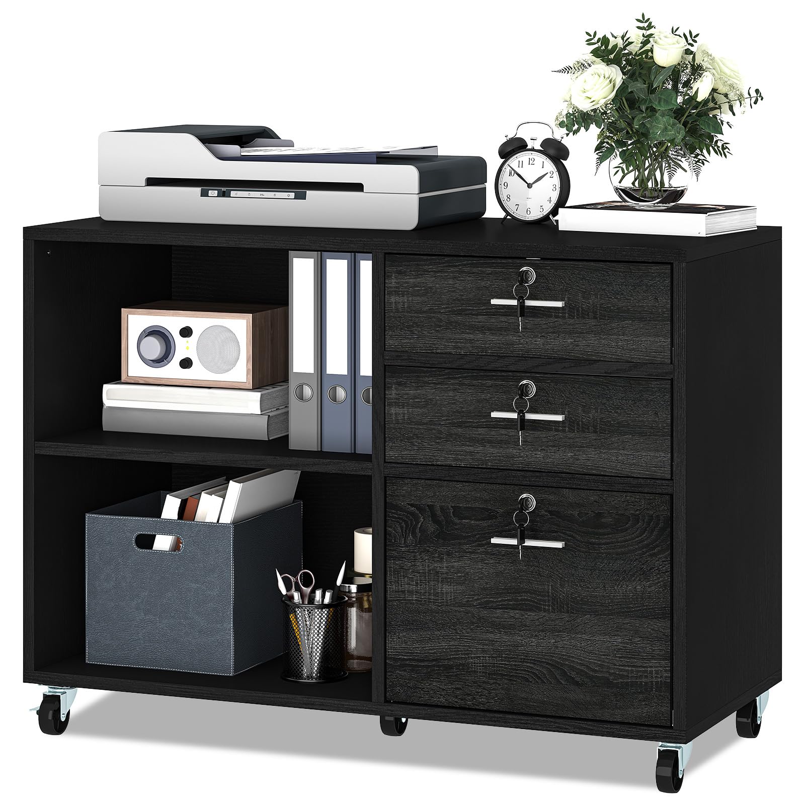 YITAHOME Armoire de classement mobile avec 3 tiroirs verrouillables, pour bureau à domicile, armoire de rangement en bois pour documents format A4, format lettre, table d'imprimante avec compartiments
