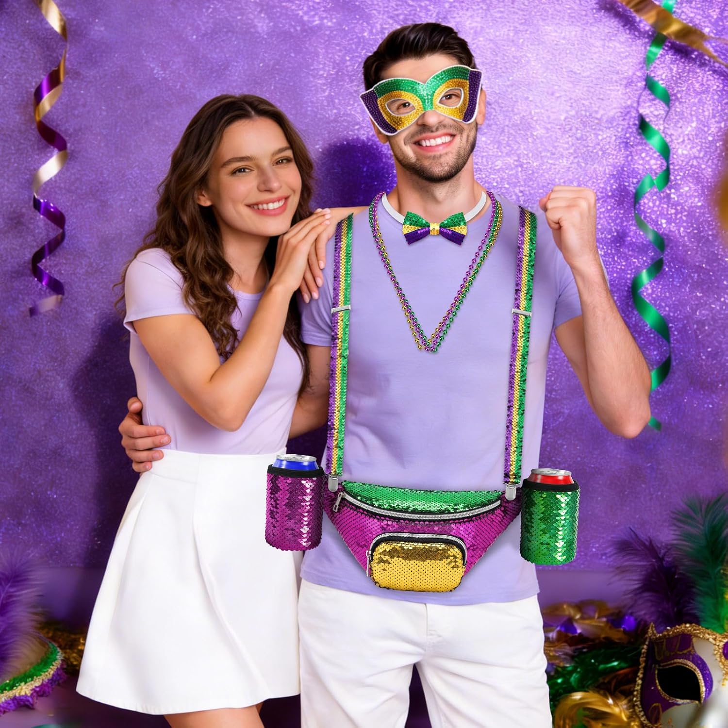 NOVWANG Mardi Gras Costume Set for Men, Mardi Gras Outfit Accessories Sequin Fanny Pack, Mask, Suspenders, Bow Tie and 3 Necklaces (Purple, Green, Gold) - Image 6