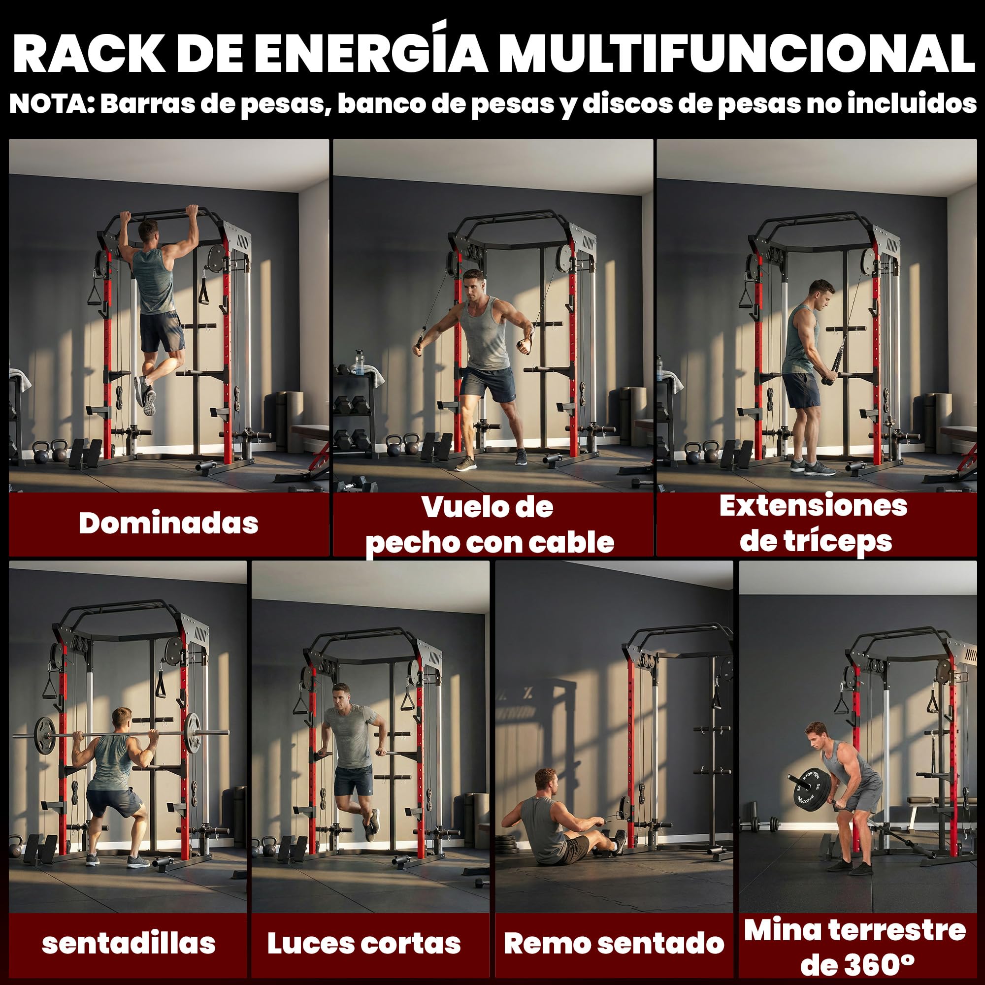 SPORTNOW Jaula de Potencia Musculación con Sistema de Poleas Ajustable, Rack para Sentadillas con Barra de Dominadas, Estación de Fondos, Soporte Barra, para Casa en Gimnasio, Carga 900 kg