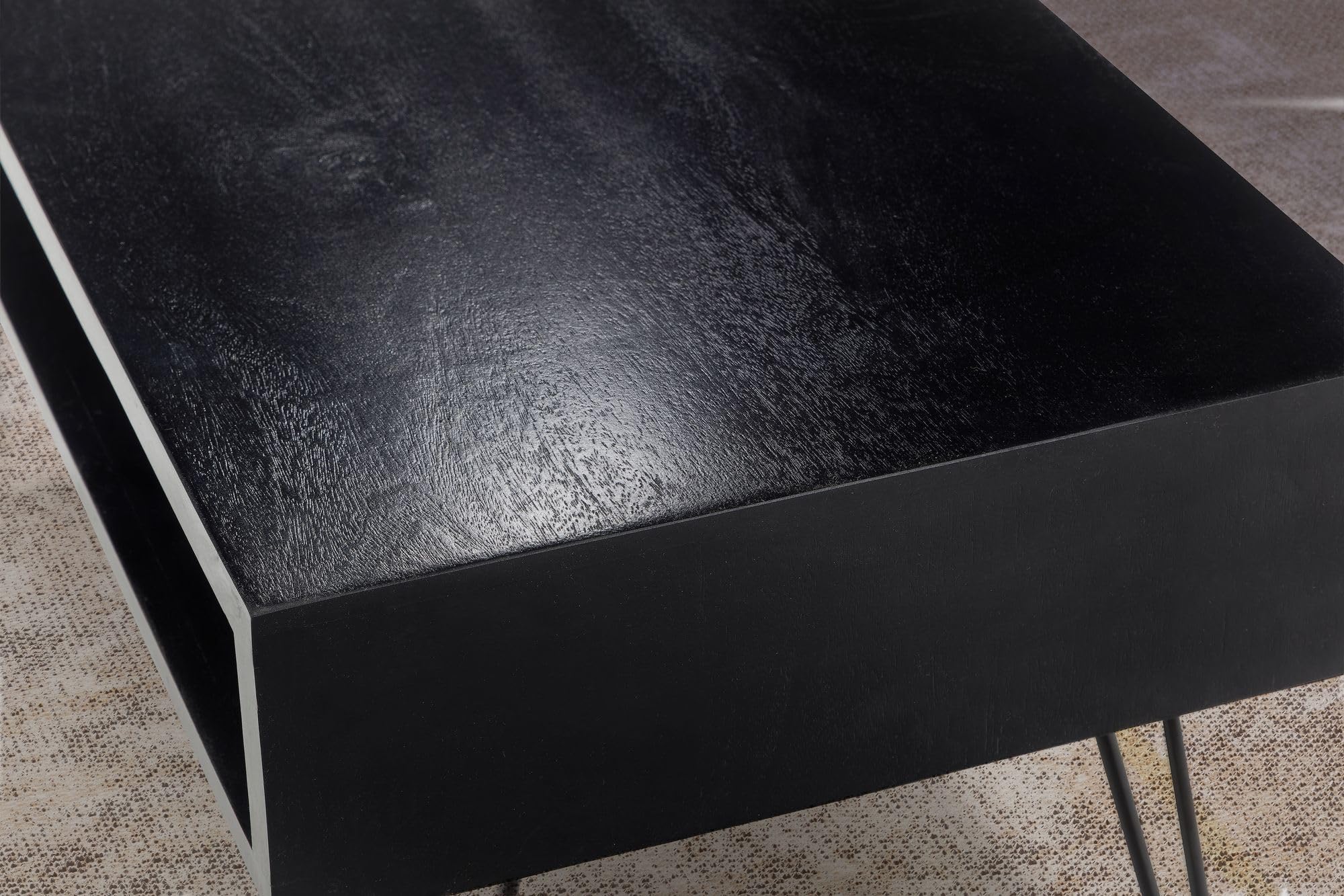 FineBuy Couchtisch 100x50x40 cm Mango Massivholz Schwarz, Hairpin | rechteckiger Wohnzimmertisch mit Ablagefach, Sofatisch aus Echtholz, handgefertigt, jedes Stück ein Unikat