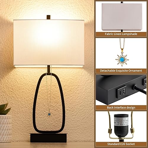 Miniatura 4 de Juego de 2 lámparas de mesa táctiles modernas de 25 pulgadas con 2 salidas USB y CA, lámparas de noche regulables de 3 vías para mesita de noche,