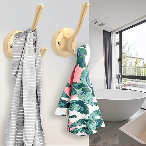 Vista 60 de Ganchos dorados para pared, paquete de 3 ganchos para toallas, de metal resistente, doble gancho para bata de baño, ganchos para sombreros