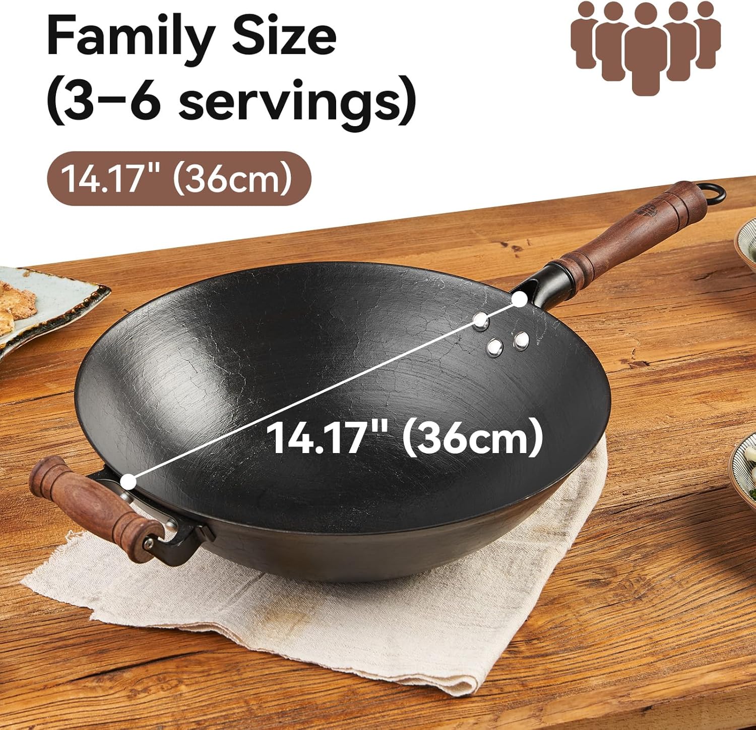 WANGYUANJI 14.17” Cast Iron Wok with Glass Lid – Traditional Round Bottom Chinese Wok for Gas Stove & Open Flame (Wok Ring Required) – Uncoated Clay-Mold “Turtle Shell” Texture – Seasoning Needed - Image 6