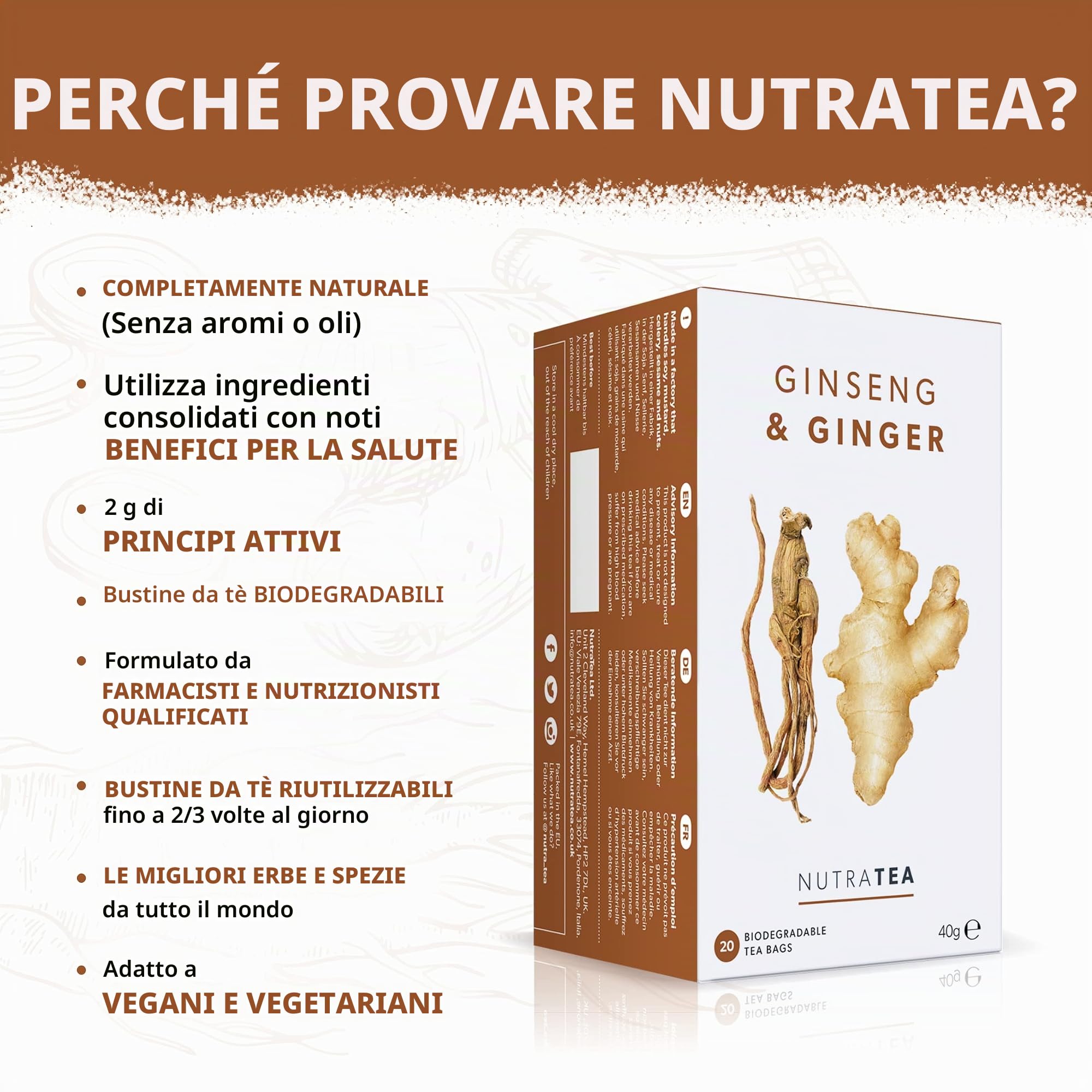 NUTRATEA Tisana Zenzero e Ginseng - Con 2 Grammi di Ingredienti attivi in ogni bustina - Gluten Free, 20 Bustine Riutilizzabili