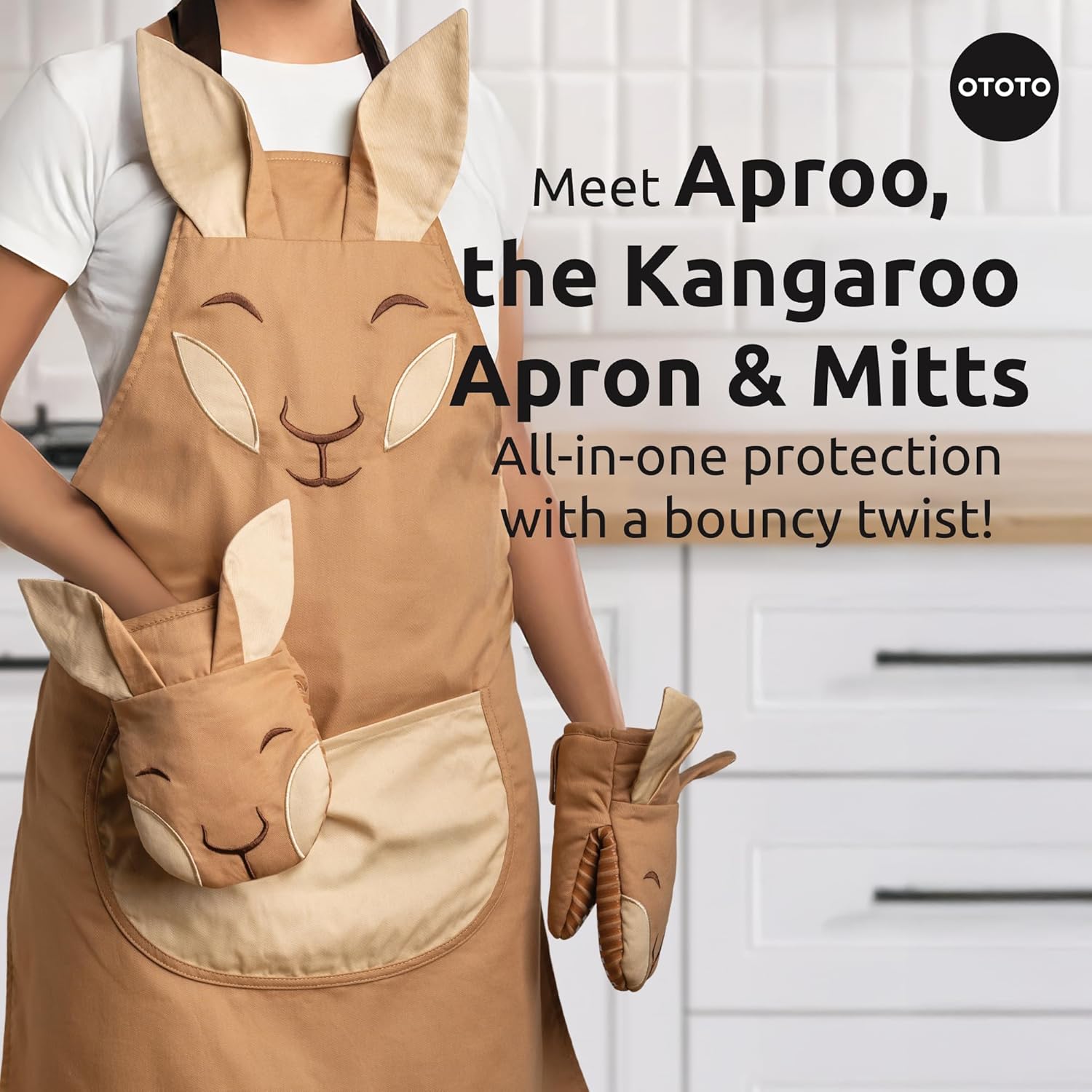 OTOTO Aproo Kitchen Set – Oven Mitts and Chef Apron with Pockets, Cute Cooking Accessories, Funny Kitchen Gift, Kangaroo (Brown Aproo Set)