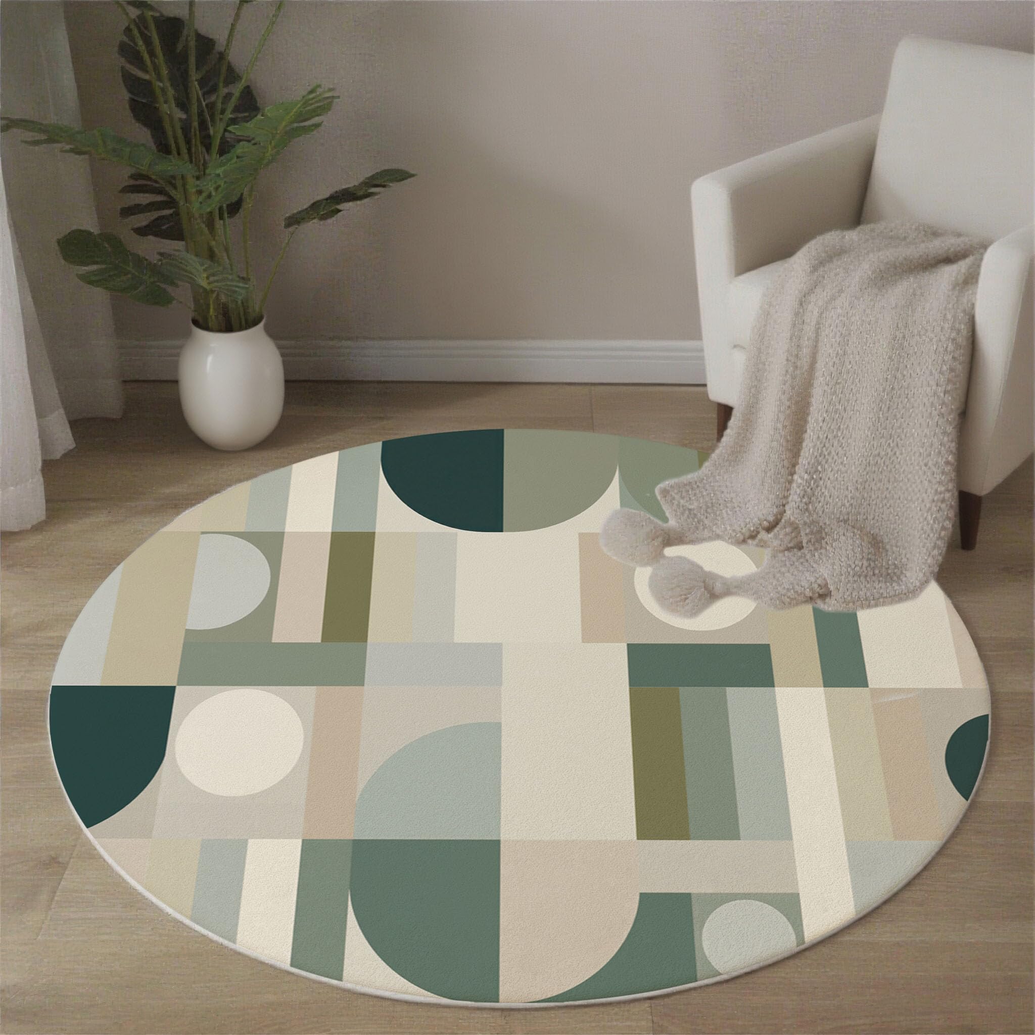 Tapis rond 80 cm beige rétro géométrique pour chambre