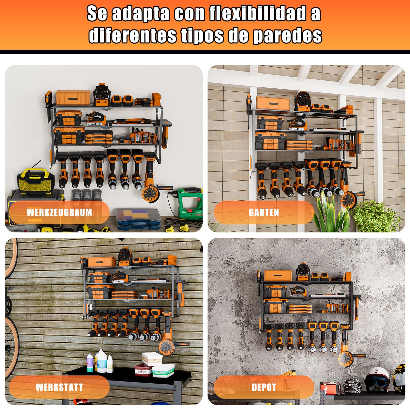 Organizador de Herramientas Eléctricas de Pared 4 Niveles para 8 Herramientas, Taladro, Atornillador, etc. - Organizador de Herramientas Pared Para Garaje, Hogar, Taller