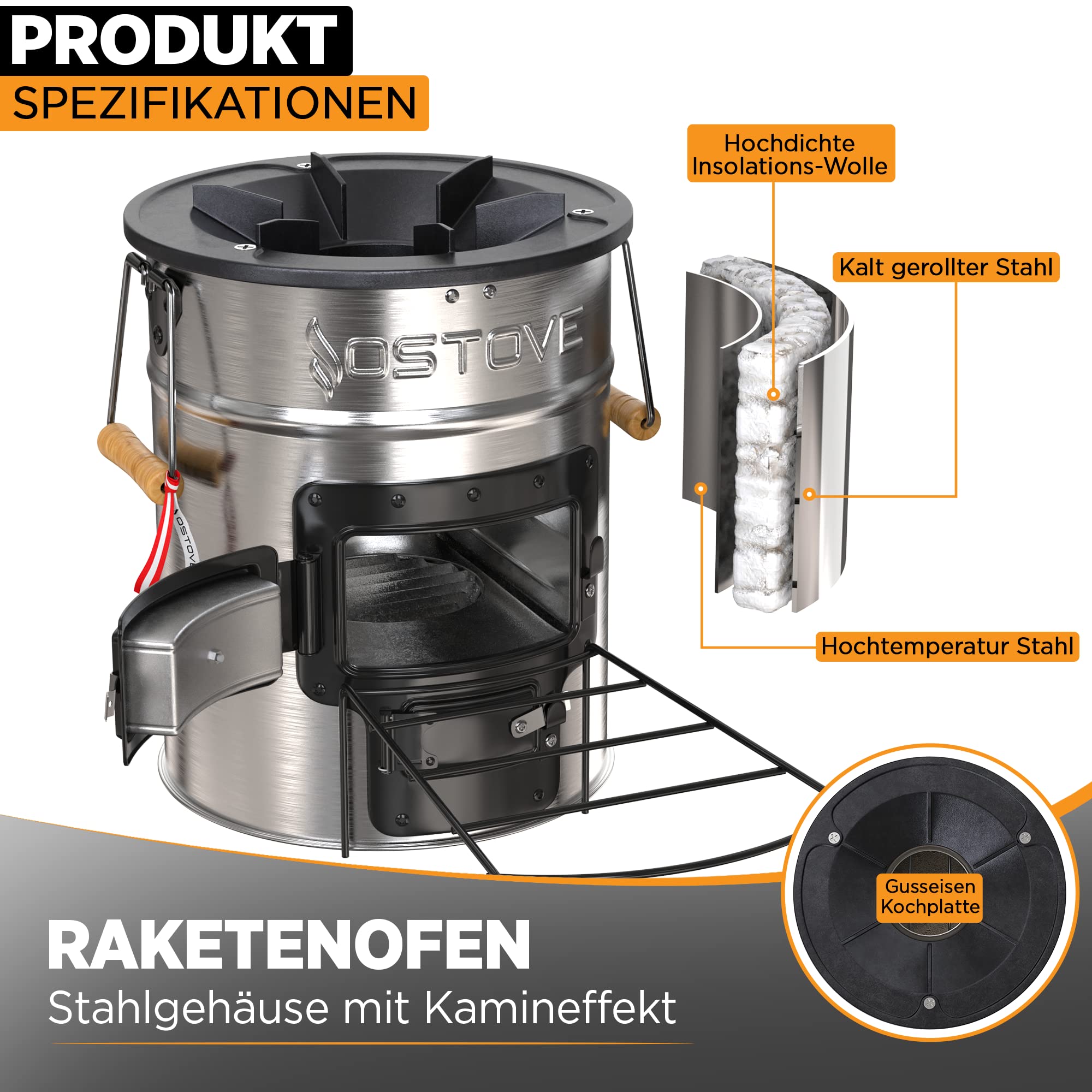 Ostove Pro Raketoven, het Pro model met 2 kamers voor hout of kolen/biomassa, ideaal voor kamperen en koken in de open lucht (volledig zwart