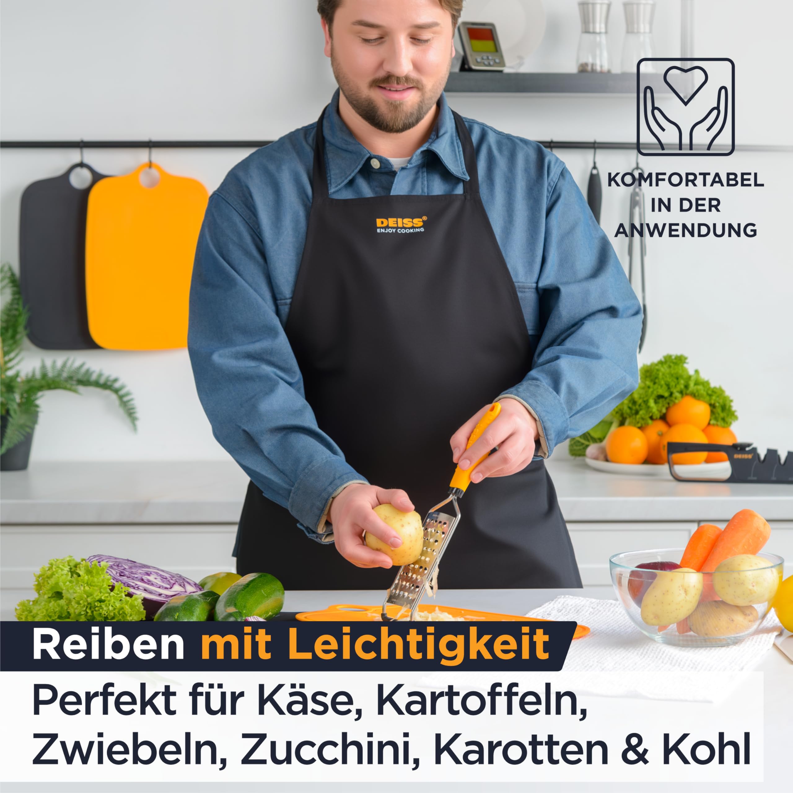 Deiss Pro grobe Reibe und Hand-Käsereibe – scharfe Edelstahlklingen, rutschfester Griff, kleine Käsereibe für Küche, Aktenvernichter, spülmaschinenfest
