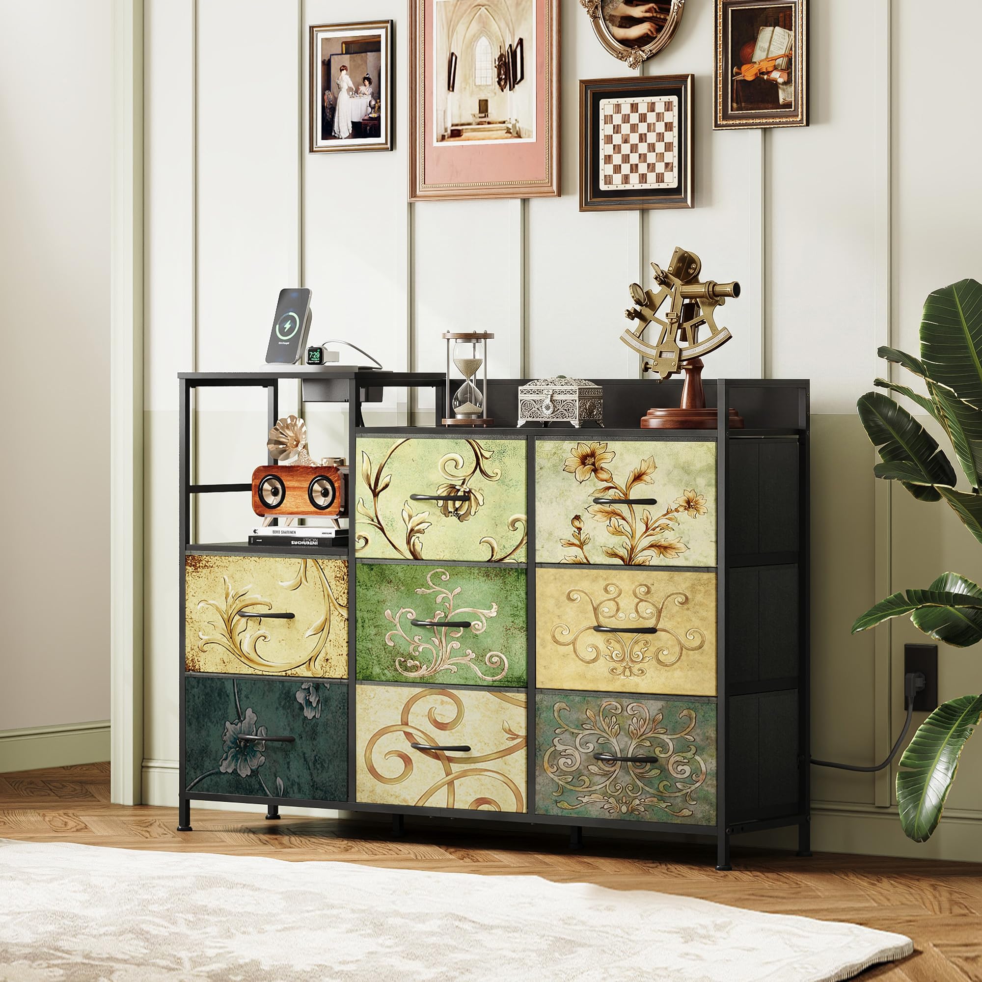 WLIVE 8 Kommode mit Schubladen, Stoffschubladen mit Auszügen, Bohemien | Kommoden & Sideboards mit LED und Ladestation